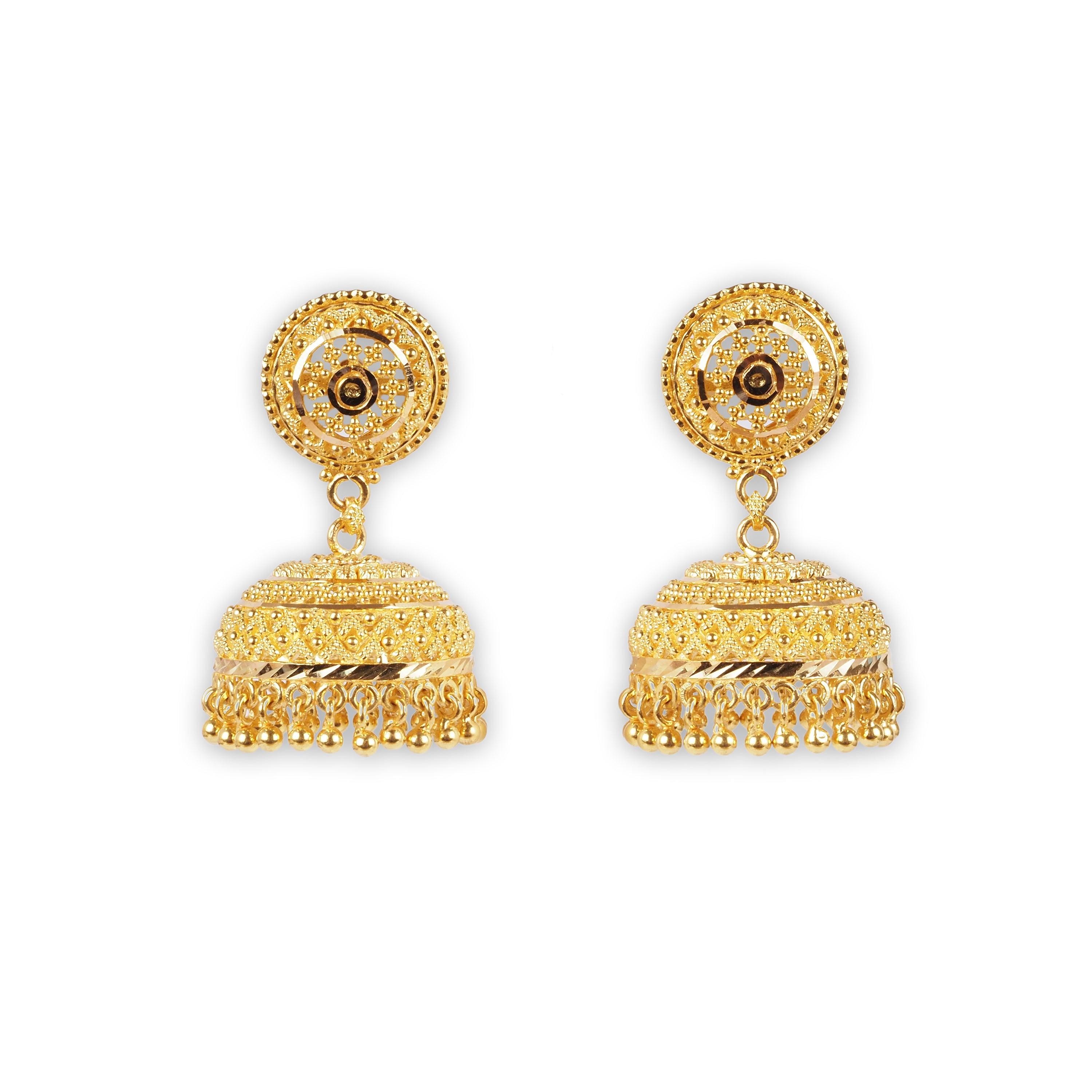 22ct Yellow Gold Jhoomka style Earrings with Filigree Work Design E-7931 - Minar Jewellers