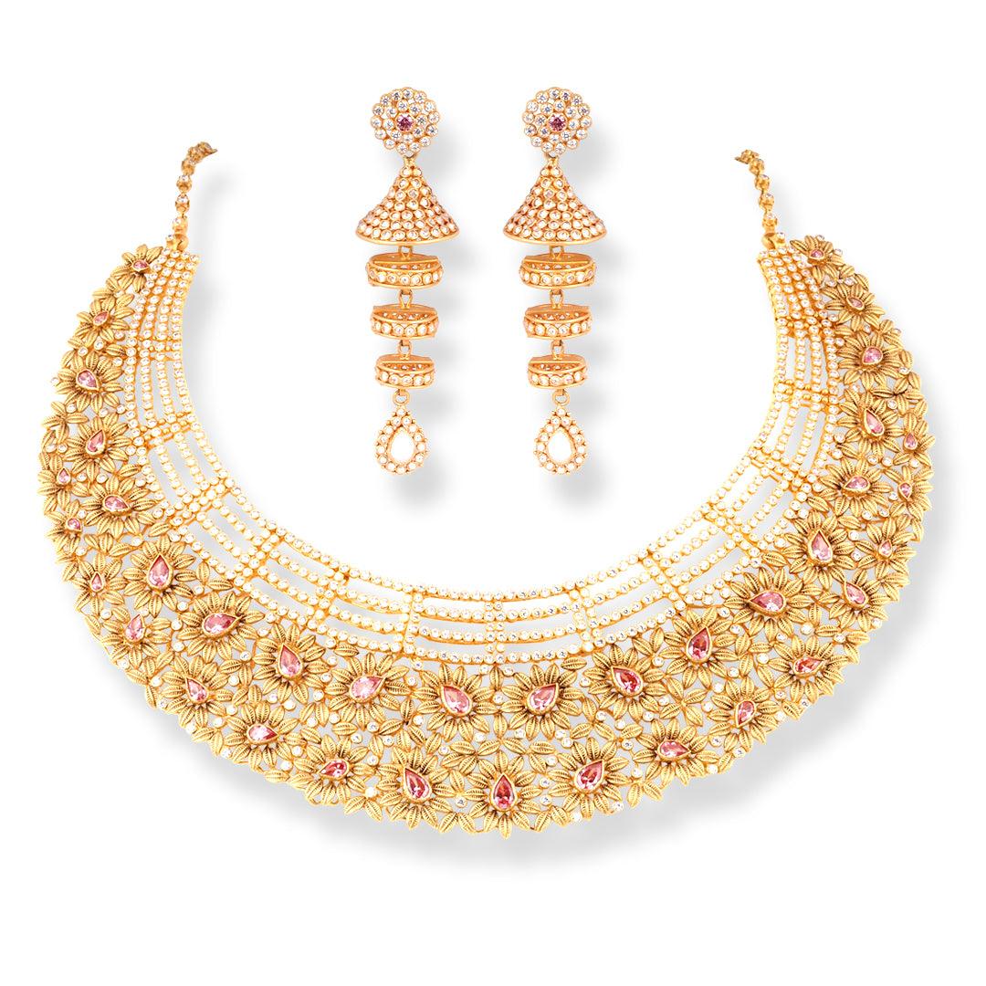 22ct Gold Antiquated Floral Choker Necklace & Earrings Set with Pink Accents – Heritage Bridal Jewellery