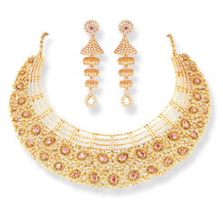 22ct Gold Antiquated Floral Choker Necklace & Earrings Set with Pink Accents – Heritage Bridal Jewellery