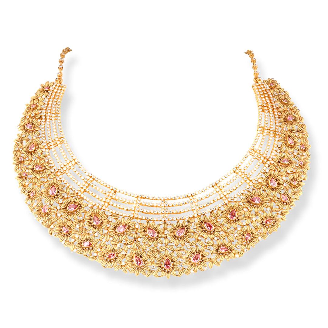 22ct Gold Antiquated Floral Choker Necklace & Earrings Set with Pink Accents – Heritage Bridal Jewellery