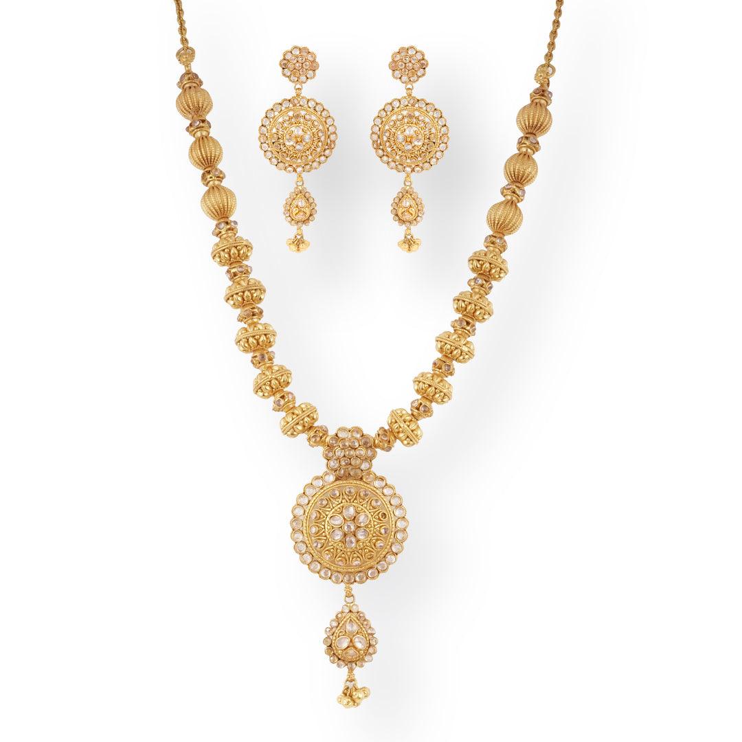 22ct Gold Antique-Style Necklace & Earrings Set with Floral Circular Pendant Design