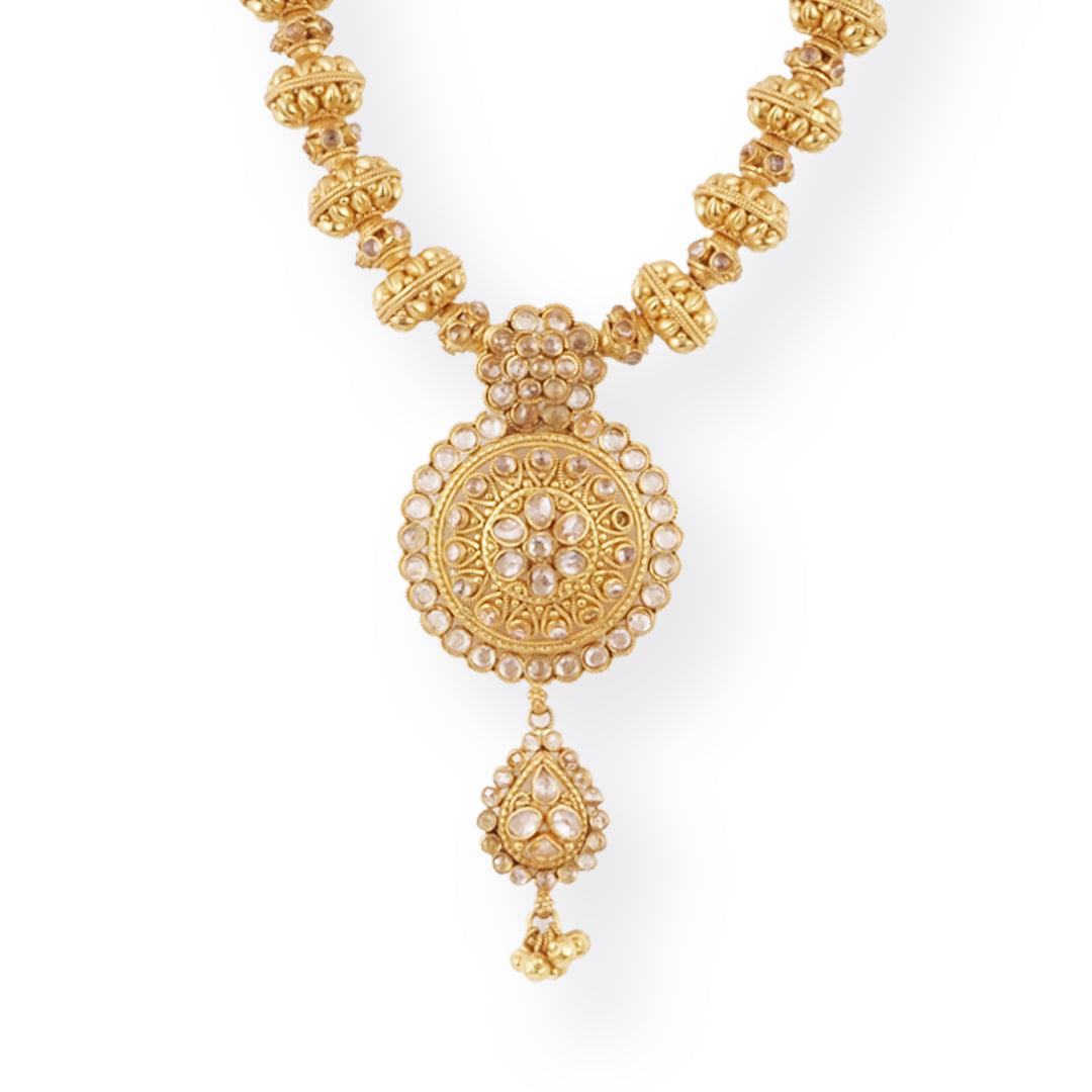 22ct Gold Antique-Style Necklace & Earrings Set with Floral Circular Pendant Design
