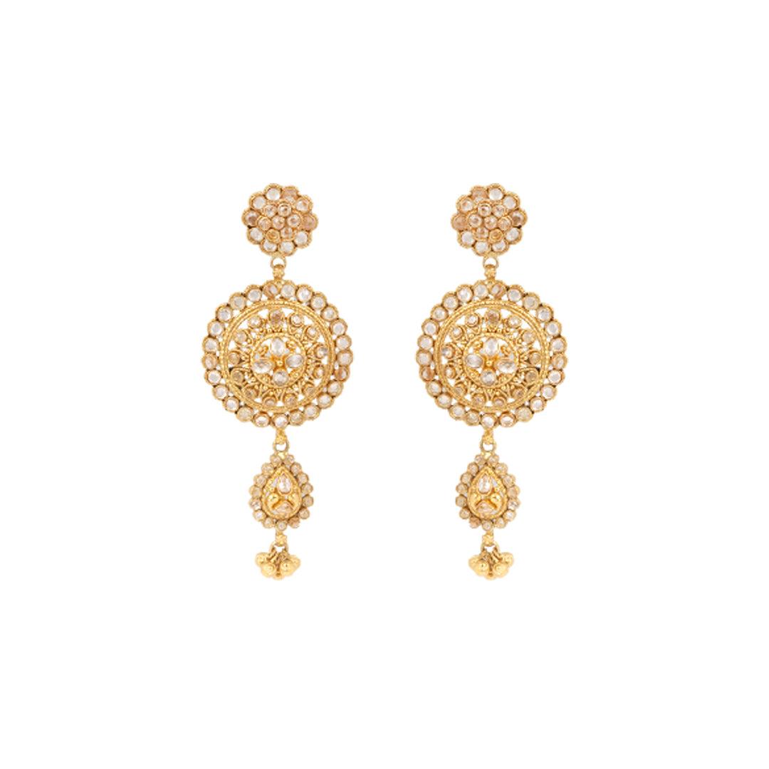 22ct Gold Antique-Style Necklace & Earrings Set with Floral Circular Pendant Design