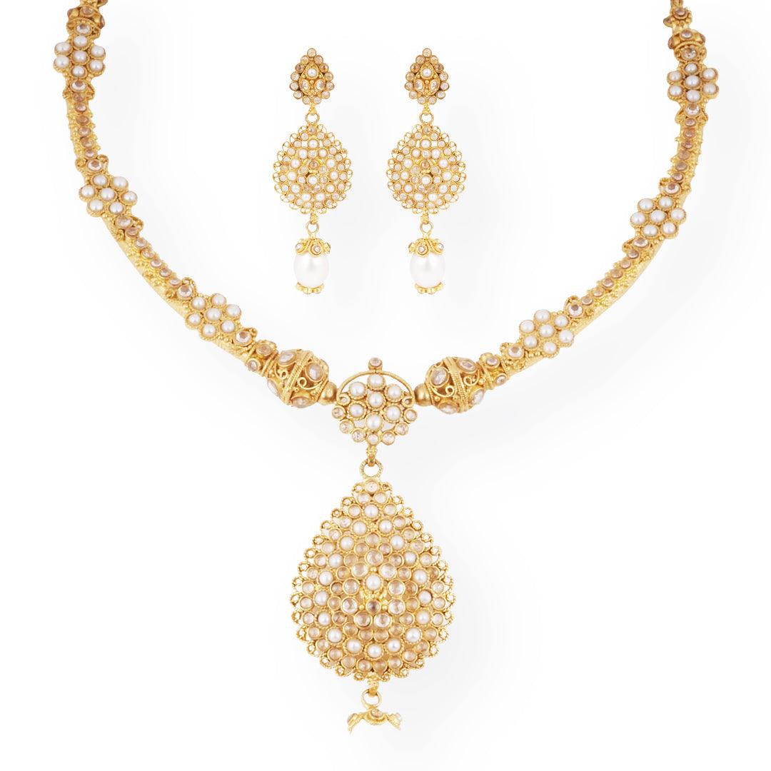 22ct Gold Antique-Style Pearl & Cubic Zirconia Teardrop Necklace and Earrings Set