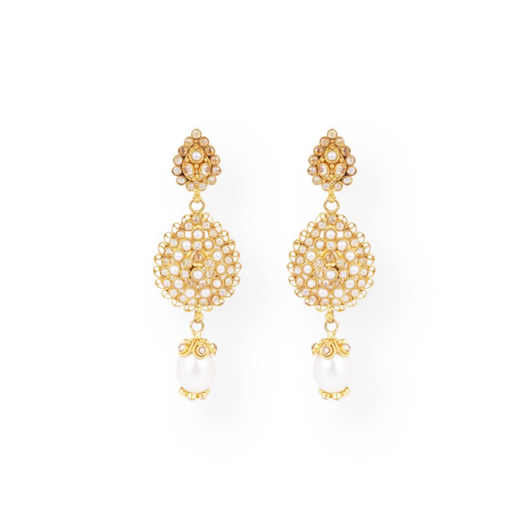22ct Gold Antique-Style Pearl & Cubic Zirconia Teardrop Necklace and Earrings Set