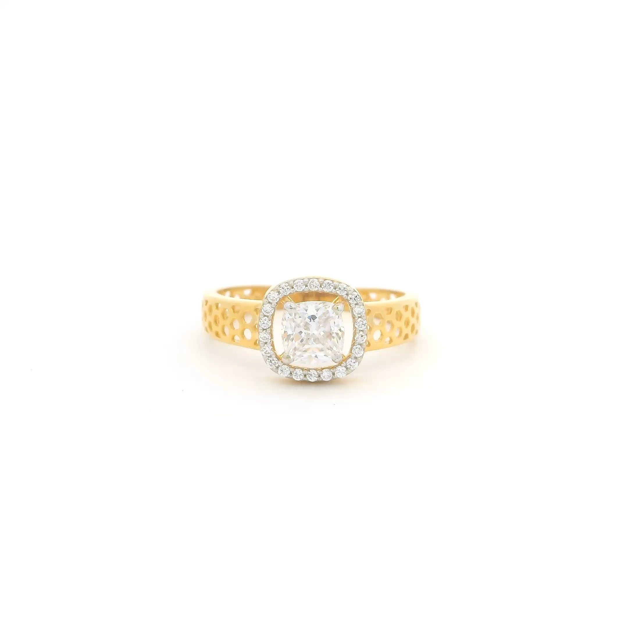 22ct Gold Cubic Zirconia Ring with Cushion Centre and Openwork Band | Size N