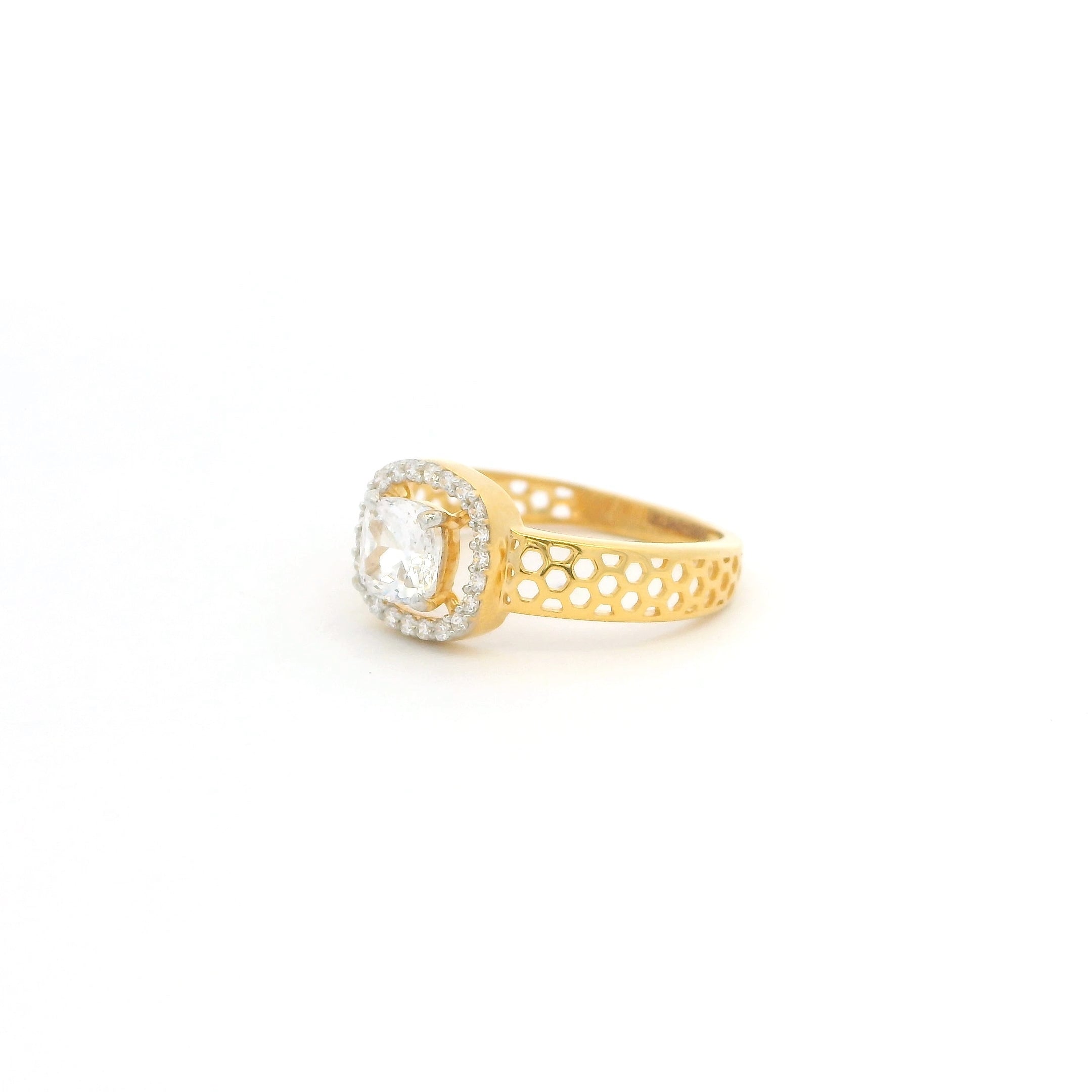 22ct Gold Cubic Zirconia Ring with Cushion Centre and Openwork Band | Size N