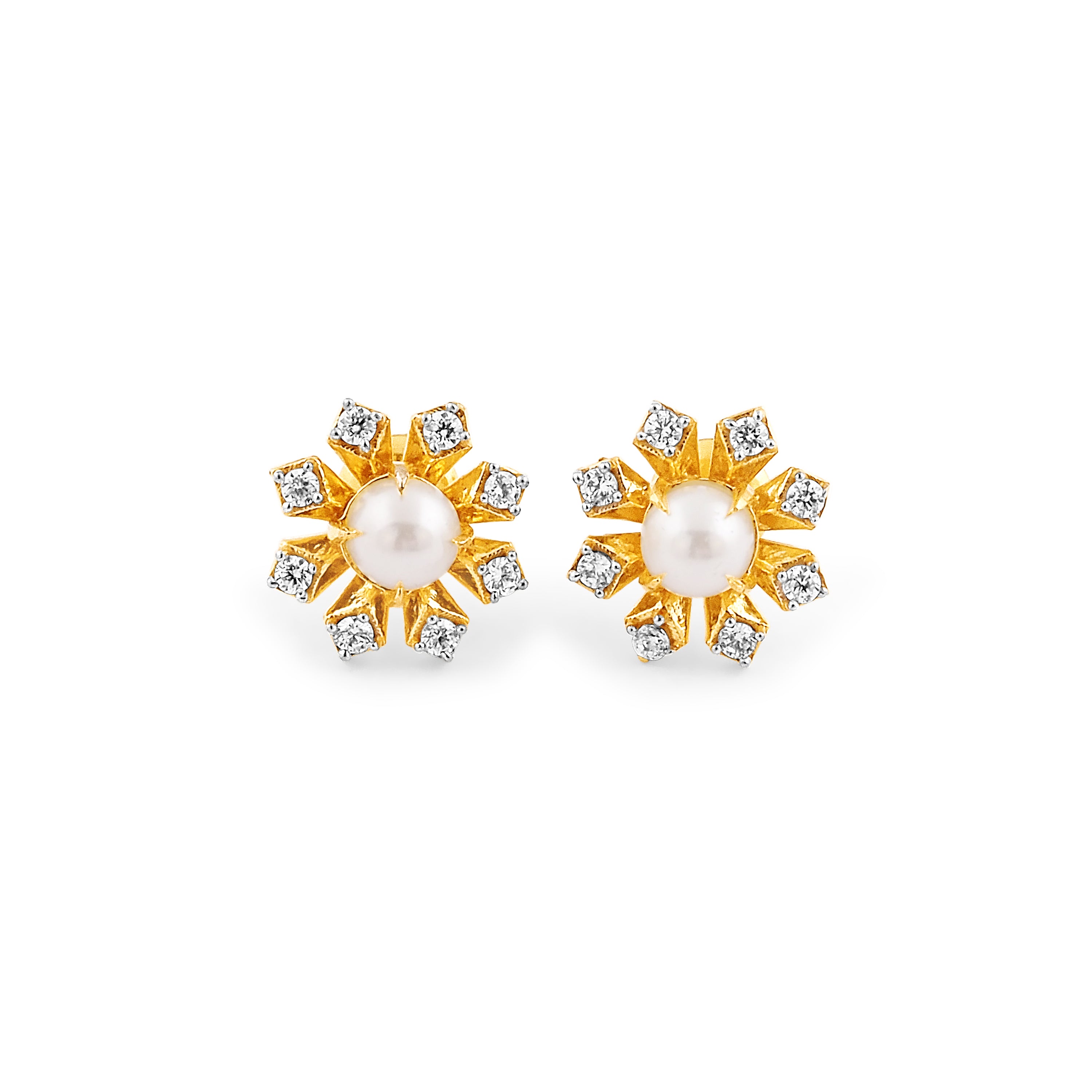 22ct Gold Cultured Pearl Sunburst Stud Earrings with Cubic Zirconia