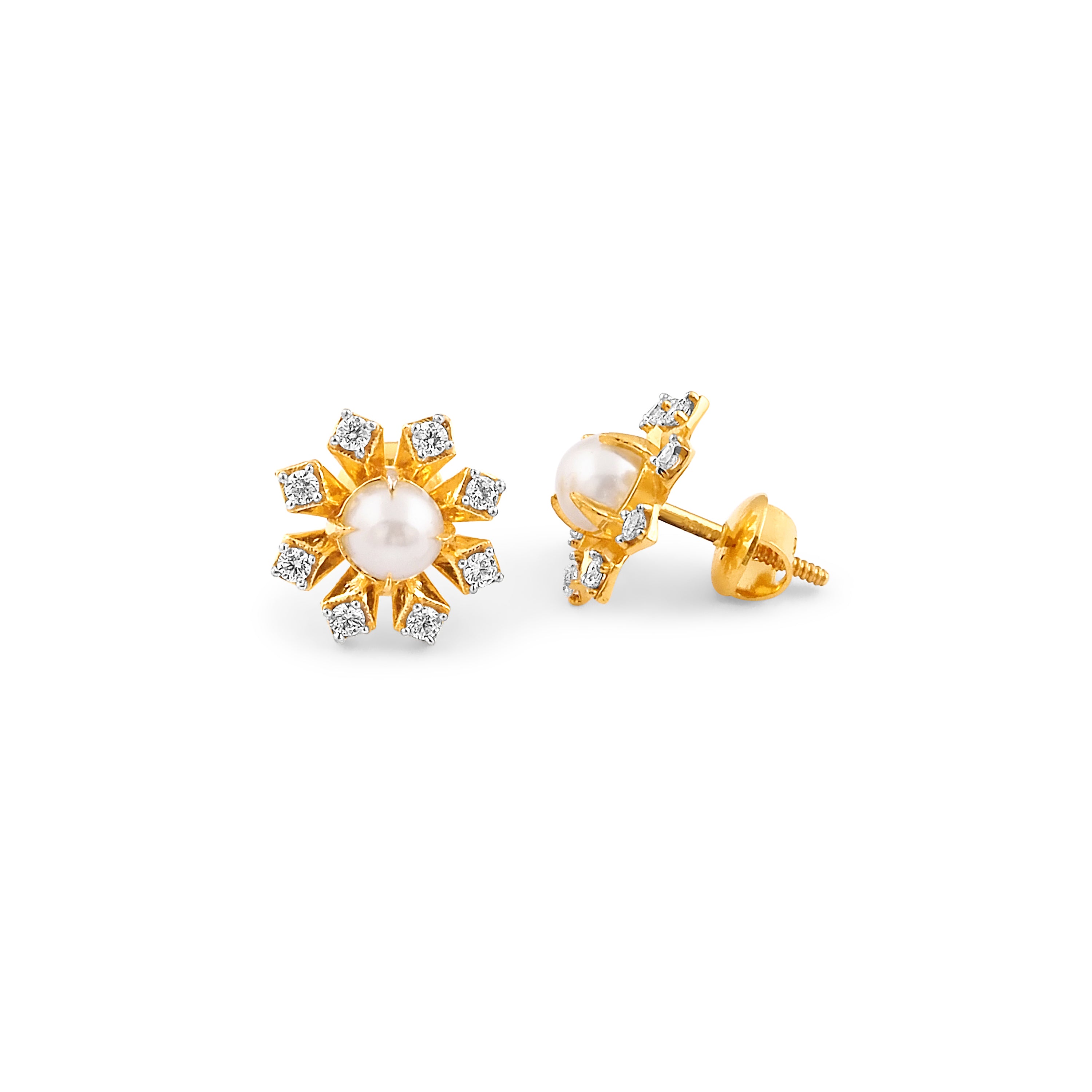 22ct Gold Cultured Pearl Sunburst Stud Earrings with Cubic Zirconia