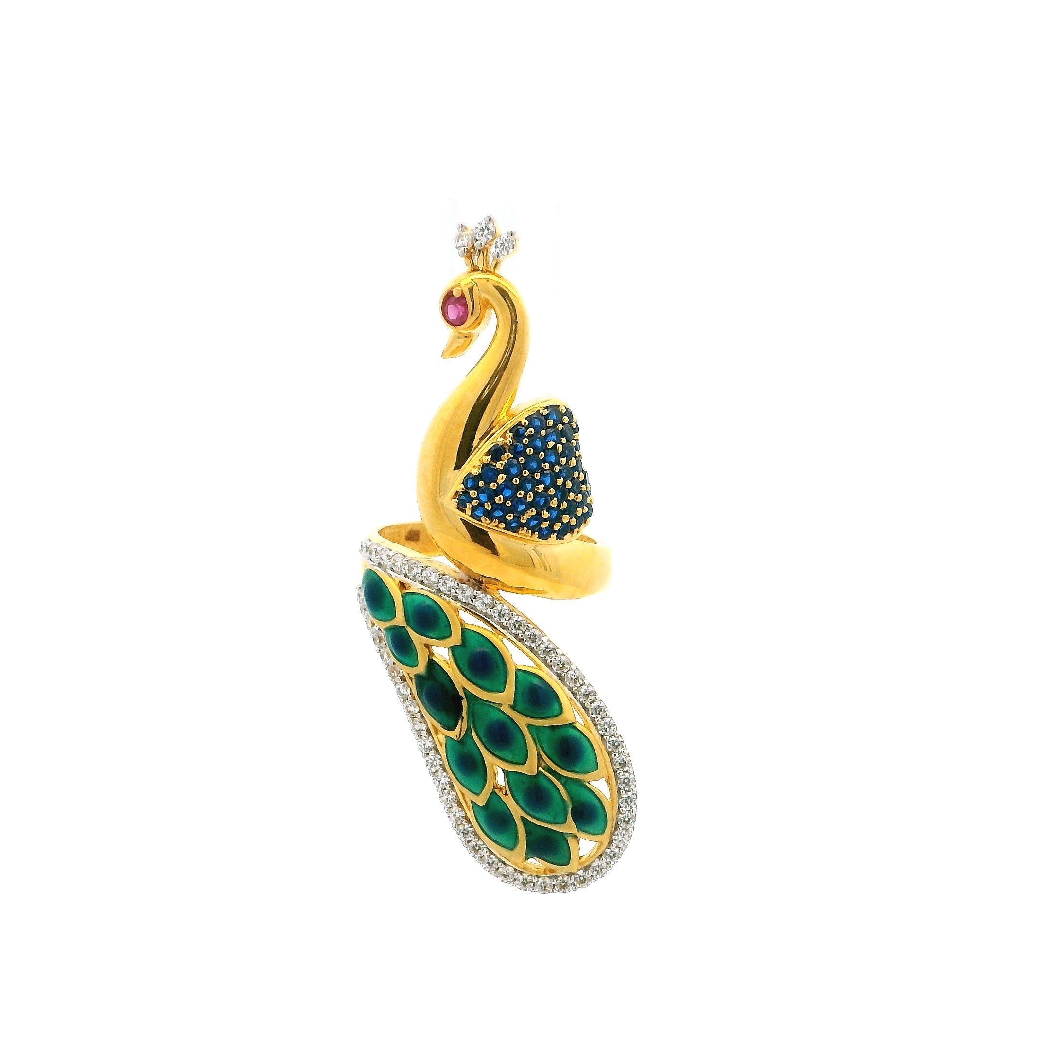 22ct Gold Designer Peacock Ring for Women – Enamel and Cubic Zirconia | Size M