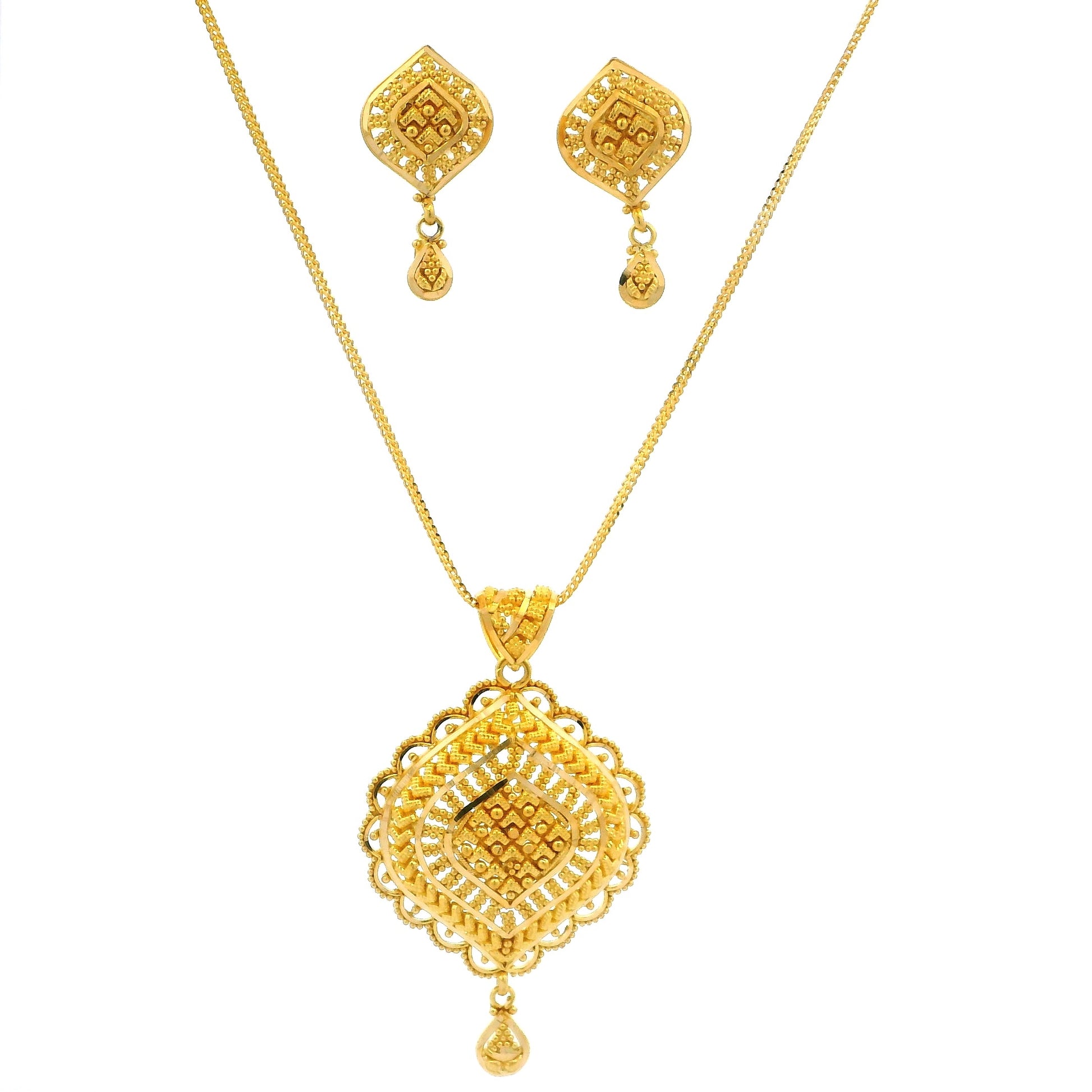 22ct Gold Filigree Pendant Set – Rhombus Pendant with Coordinated Earrings