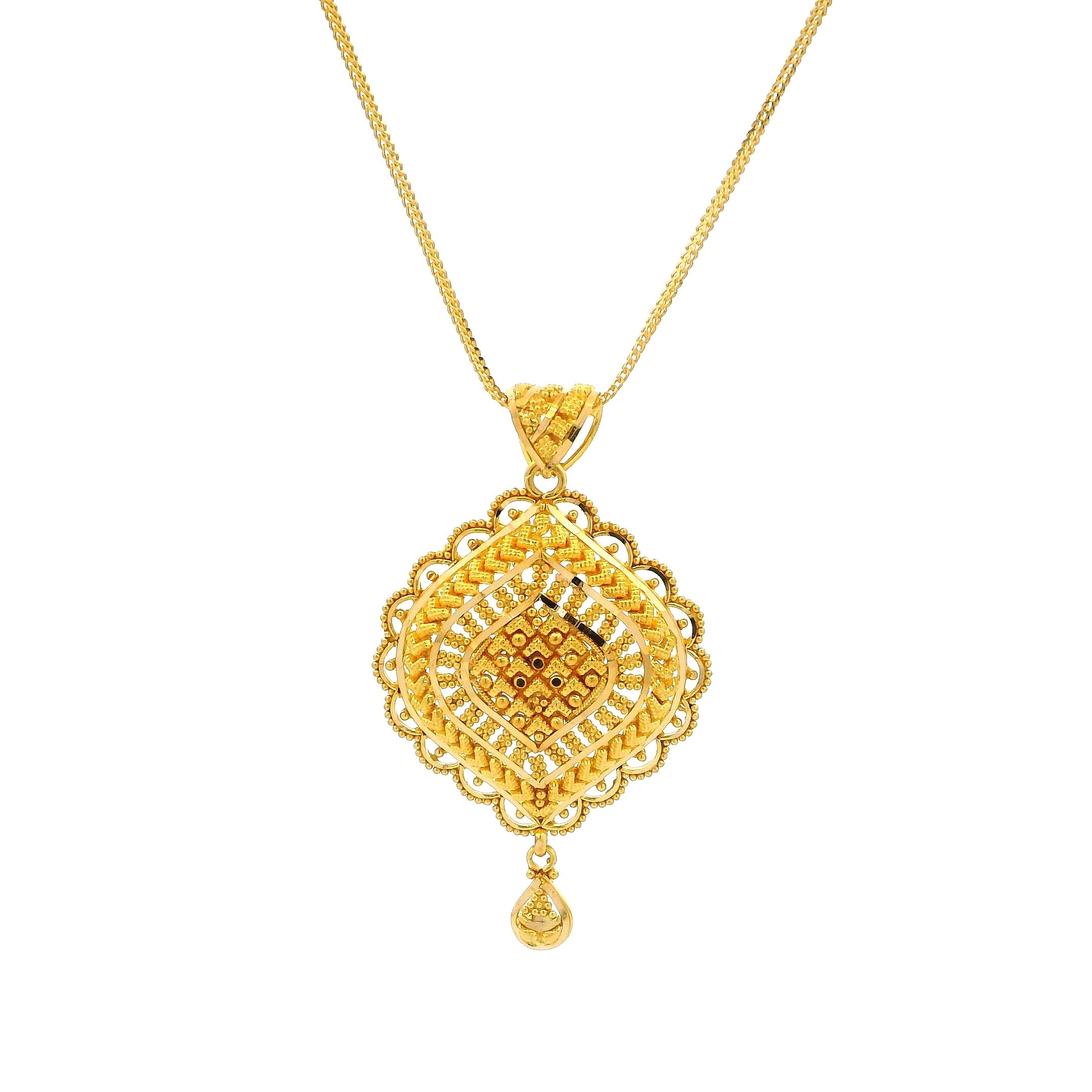 22ct Gold Filigree Pendant Set – Rhombus Pendant with Coordinated Earrings