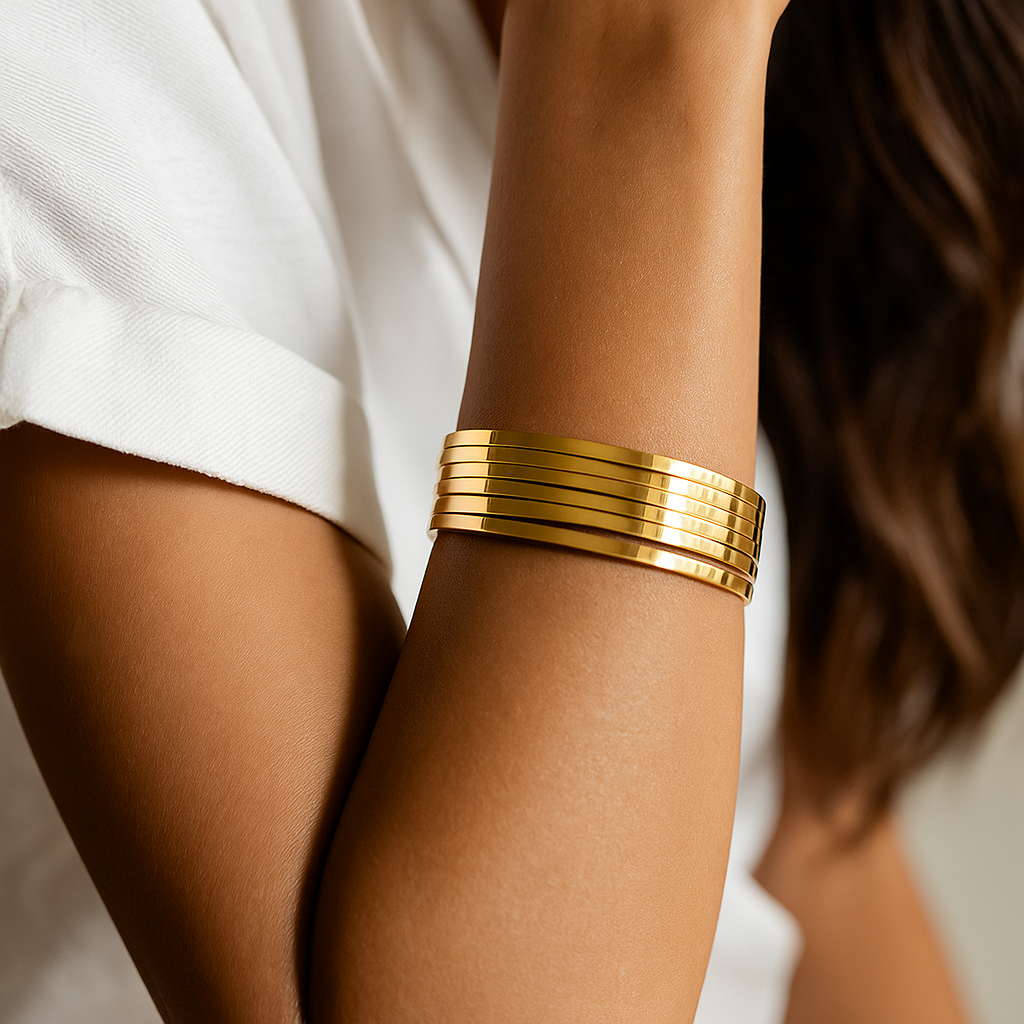 22ct Gold Flat Bangles (Set of 6) – Polished Yellow Gold with Comfort Fit