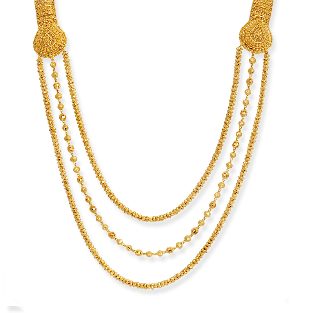 22ct Gold Long Haram Necklace & Earrings Set – Triple Layer Filigree Design