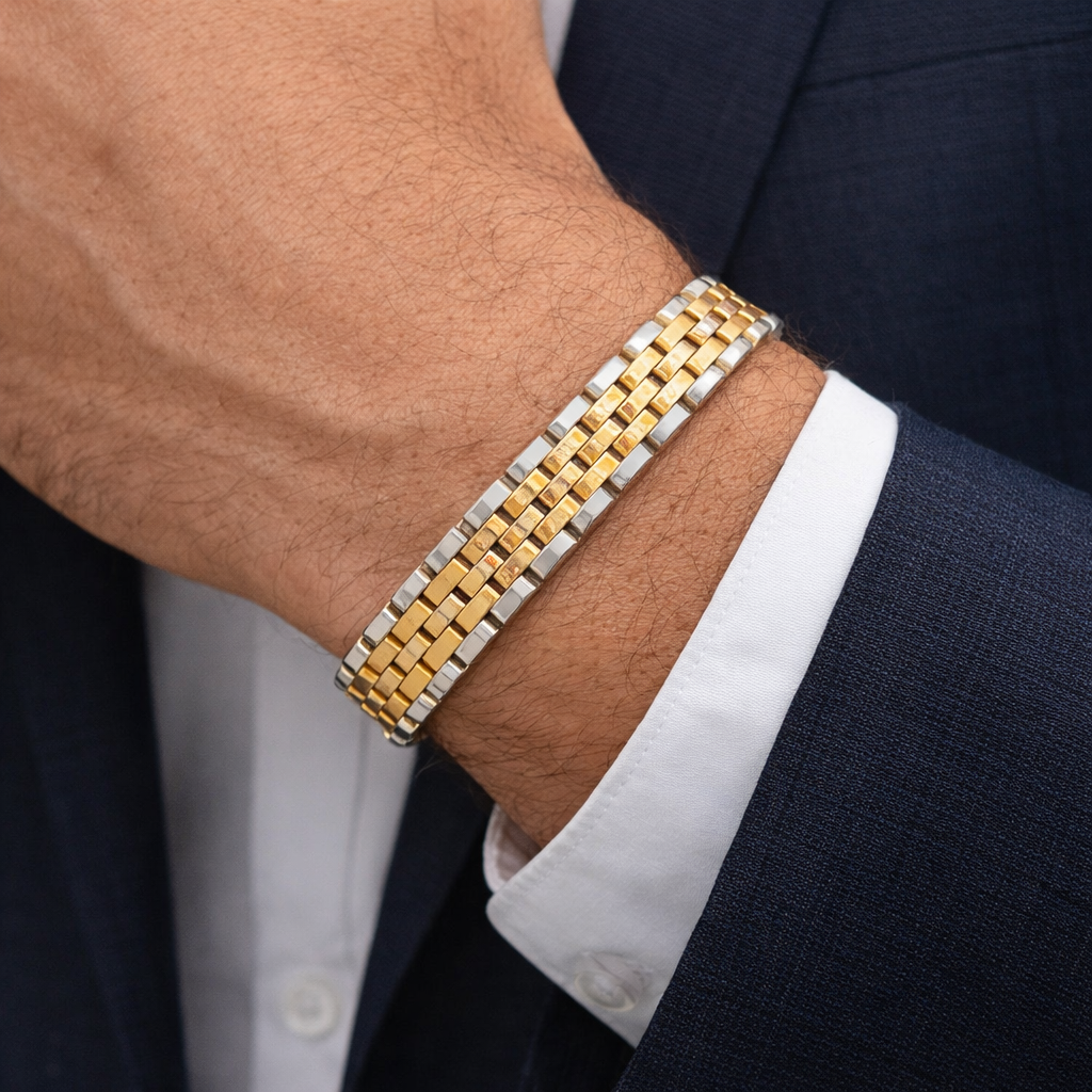 22ct Gold Men’s Link Bracelet with Rhodium Plating – Semi Hollow Design