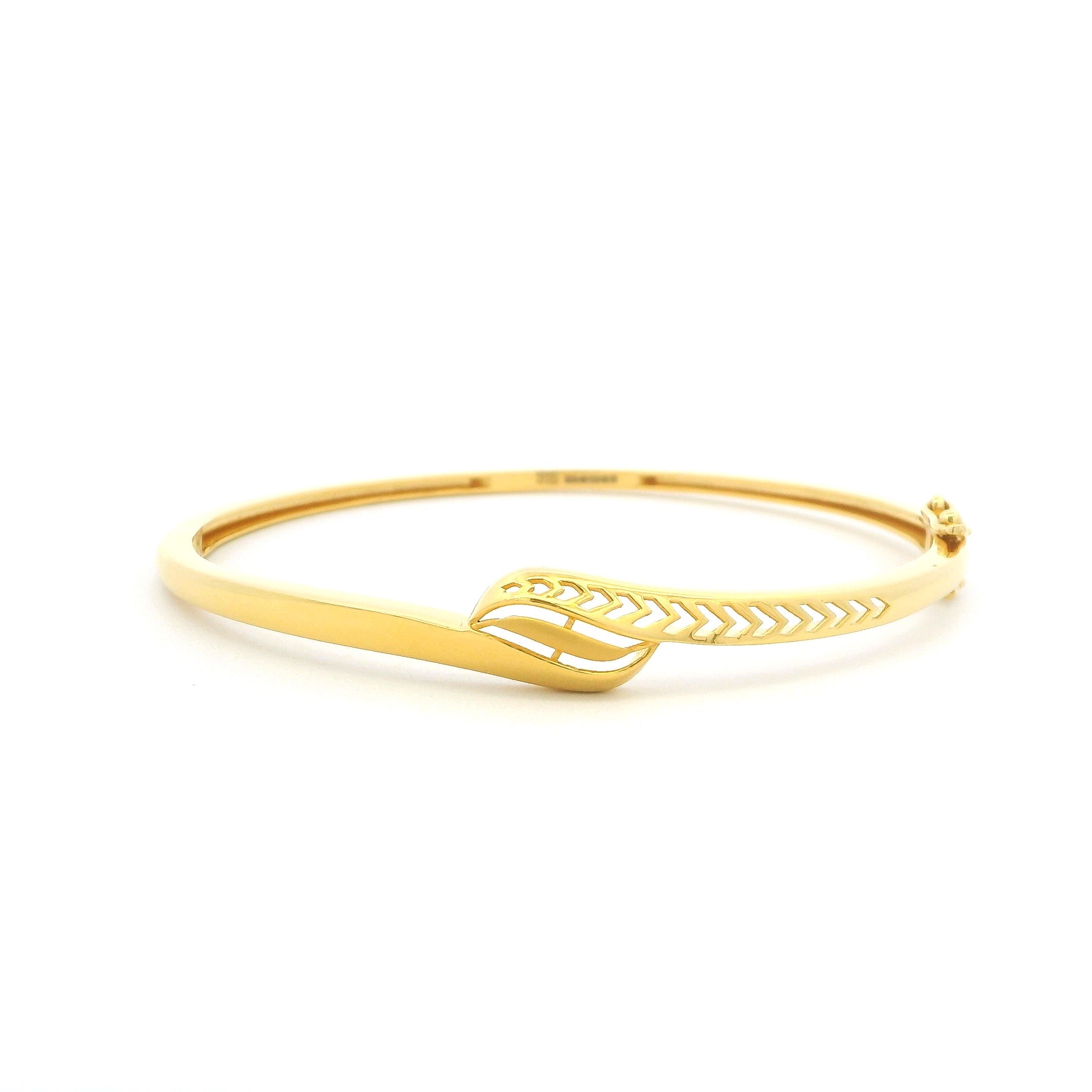 22ct Gold Minimal Leaf Motif Bangle with Figure of 8 Safety Clasp