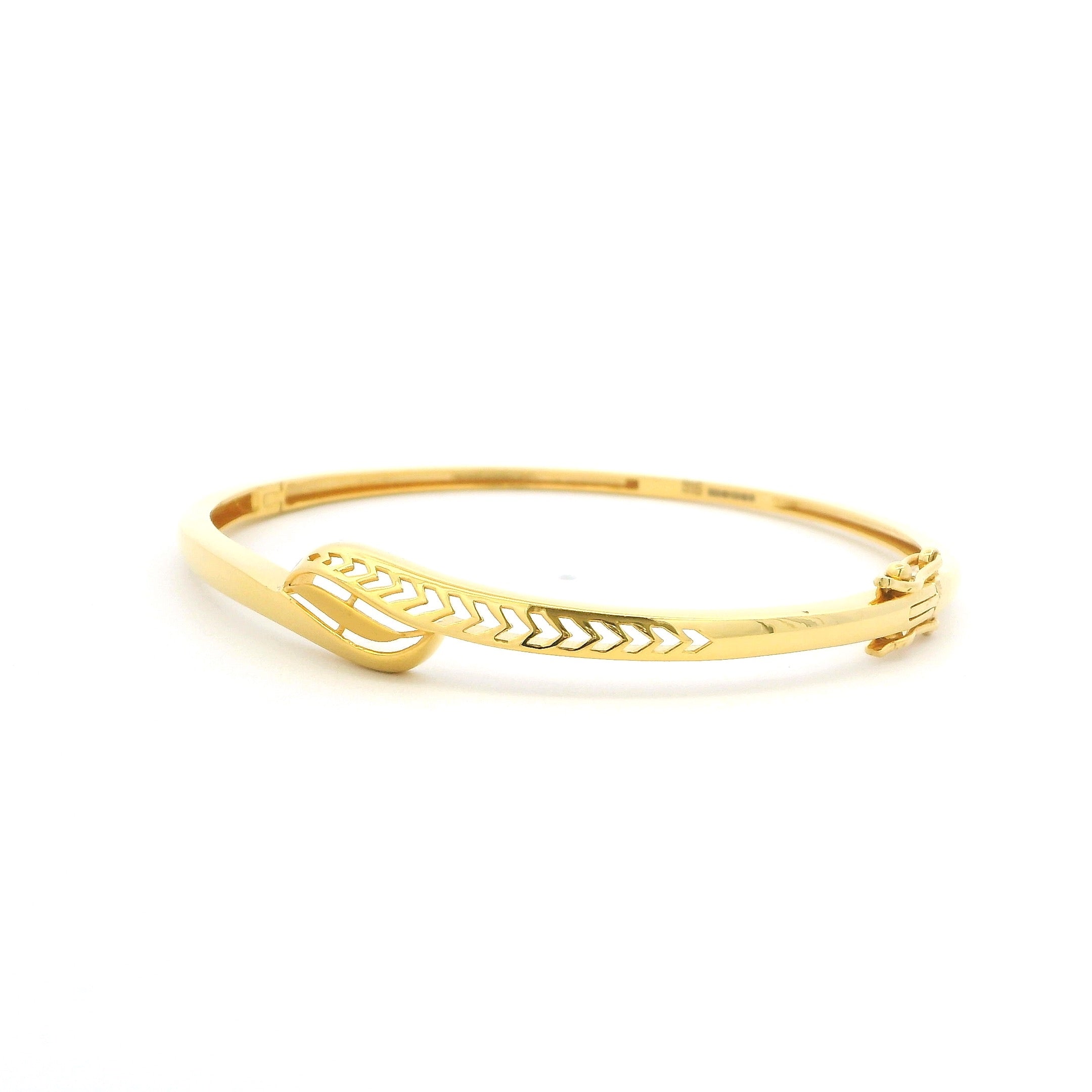 22ct Gold Minimal Leaf Motif Bangle with Figure of 8 Safety Clasp