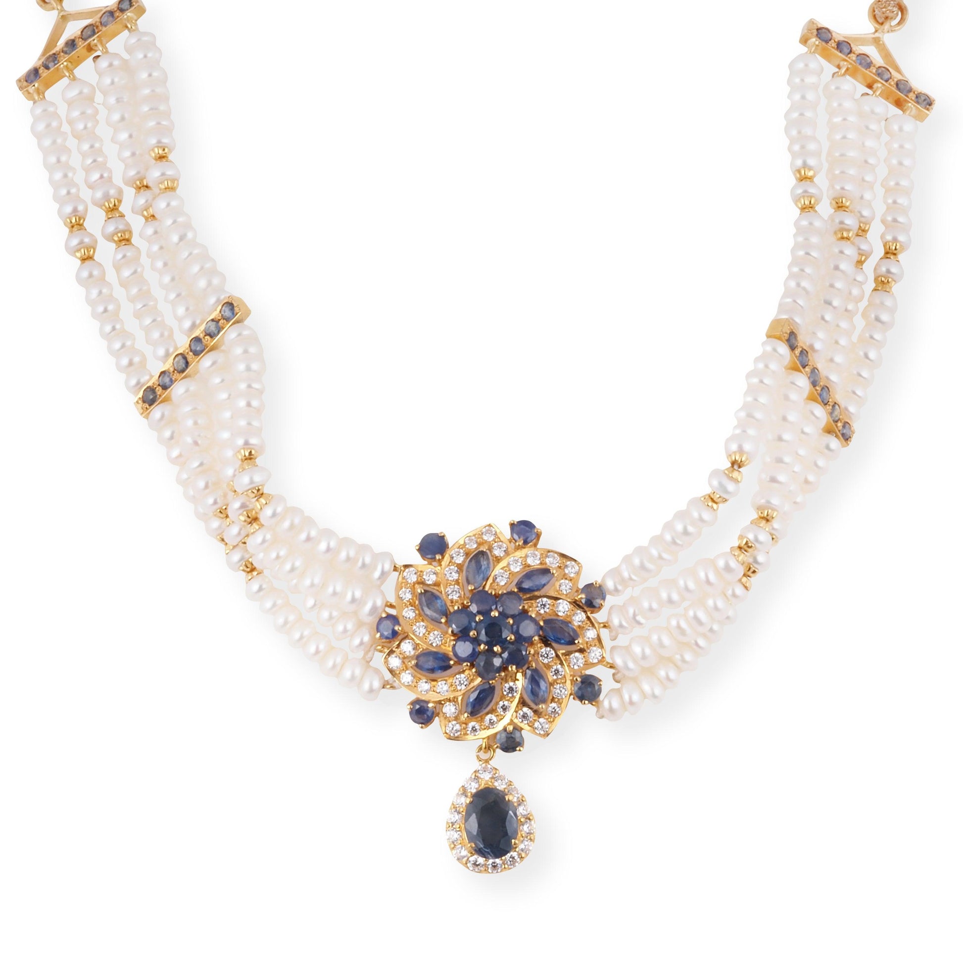 22ct Gold Multi-Strand Pearl Choker Necklace with Blue & White Cubic Ziconia Accents