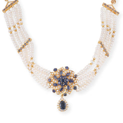 22ct Gold Multi-Strand Pearl Choker Necklace with Blue & White Cubic Ziconia Accents
