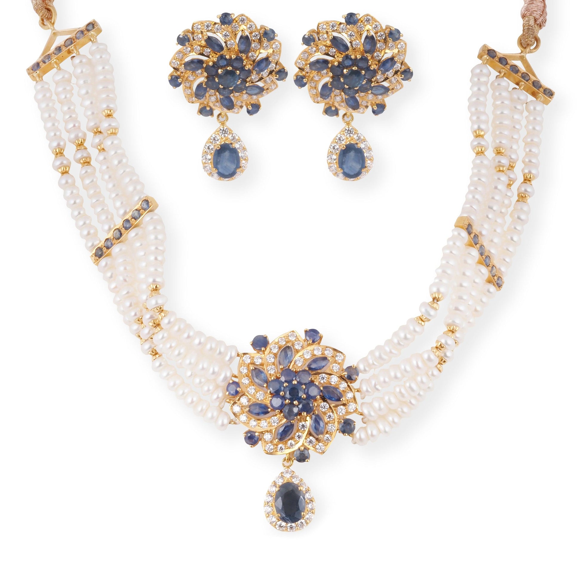 22ct Gold Multi-Strand Pearl Choker Necklace with Blue & White Cubic Ziconia Accents