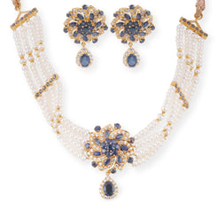 22ct Gold Multi-Strand Pearl Choker Necklace with Blue & White Cubic Ziconia Accents