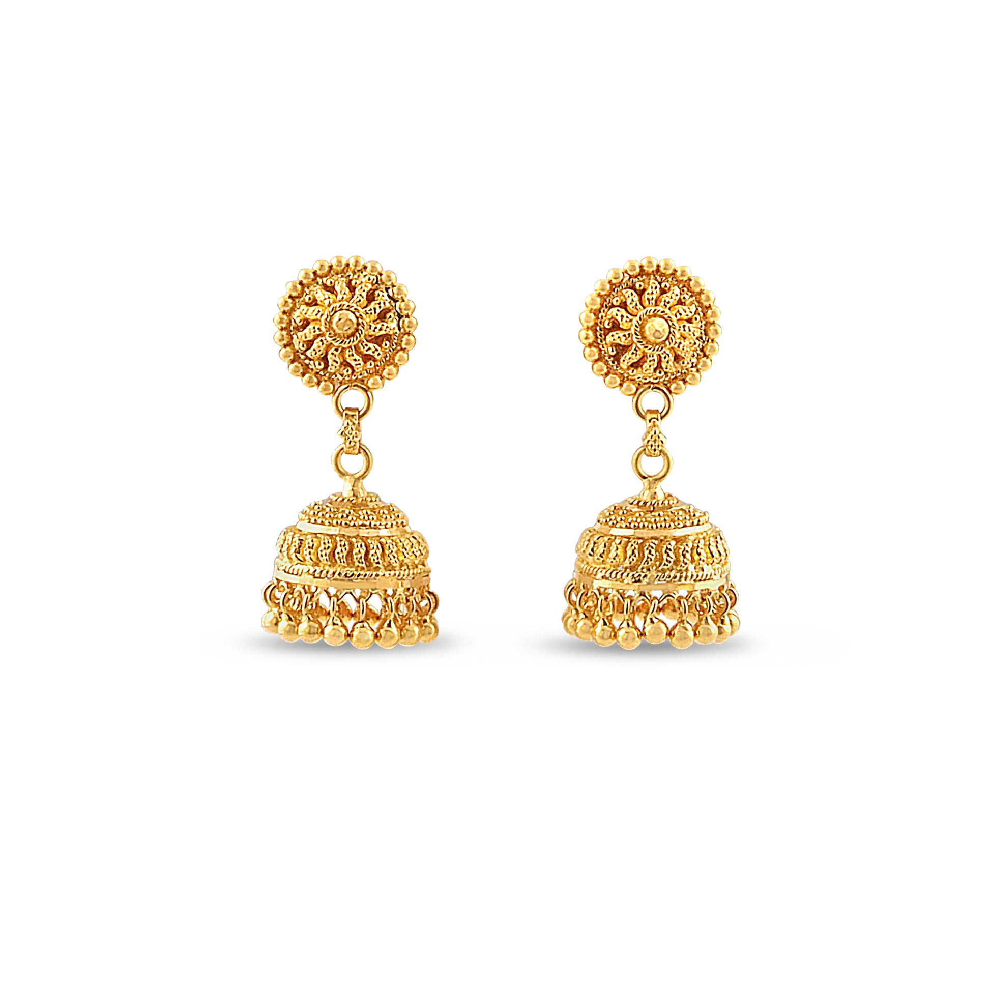 22ct Gold Ornate Filigree Jhumka Earrings with Hanging Beads
