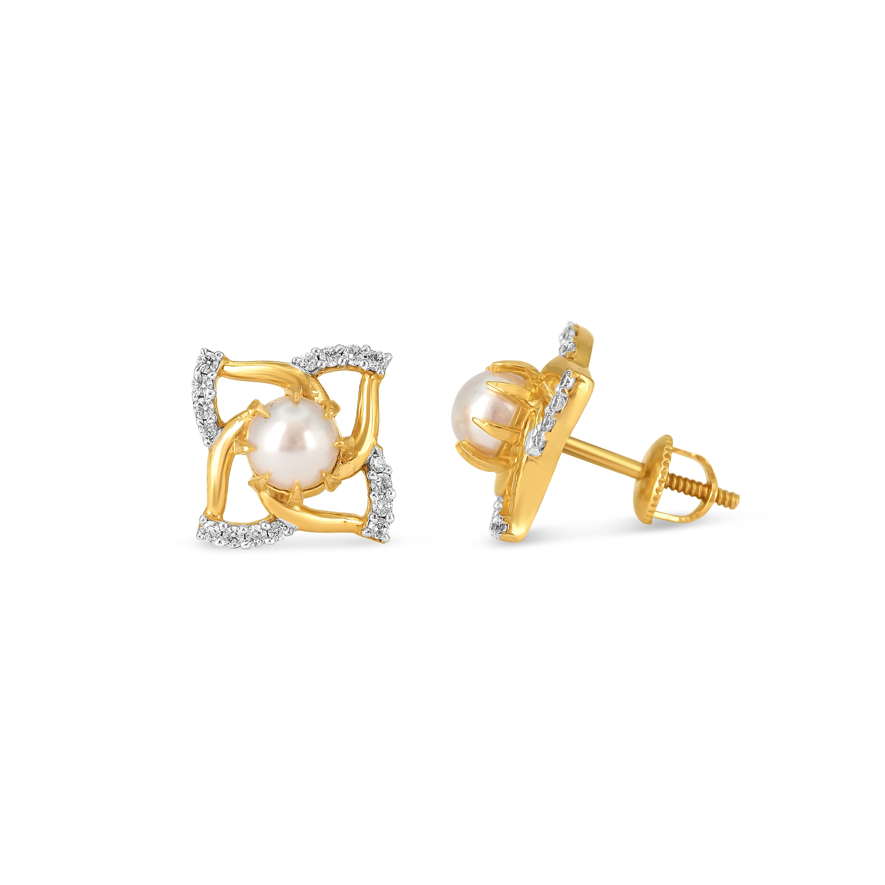 22ct Gold Pearl and Cubic Zirconia Stud Earrings – Floral Swirl