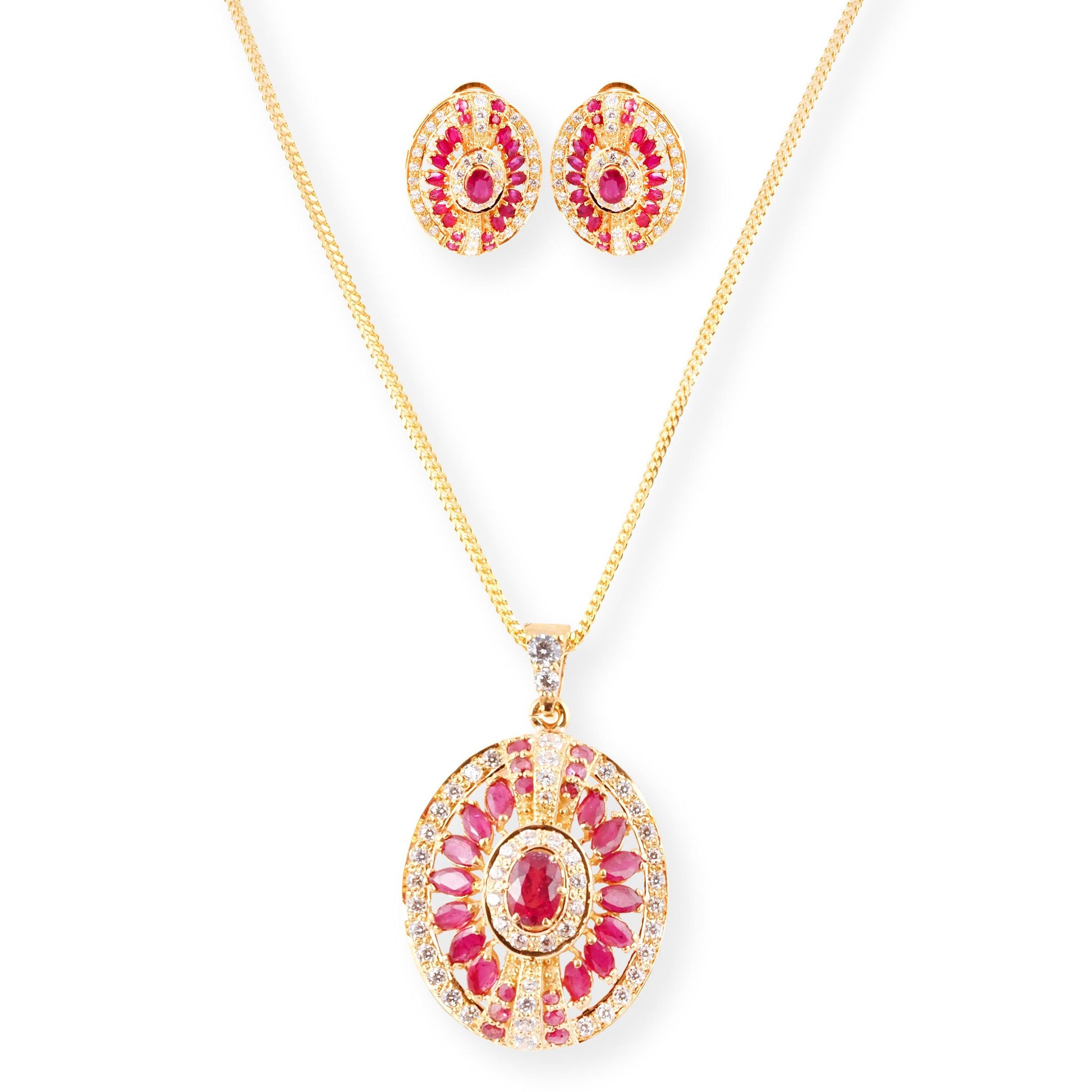 22ct Gold Pendant & Earrings Set with Red Cubic Zirconia and Round Cubic Zirconia Stones