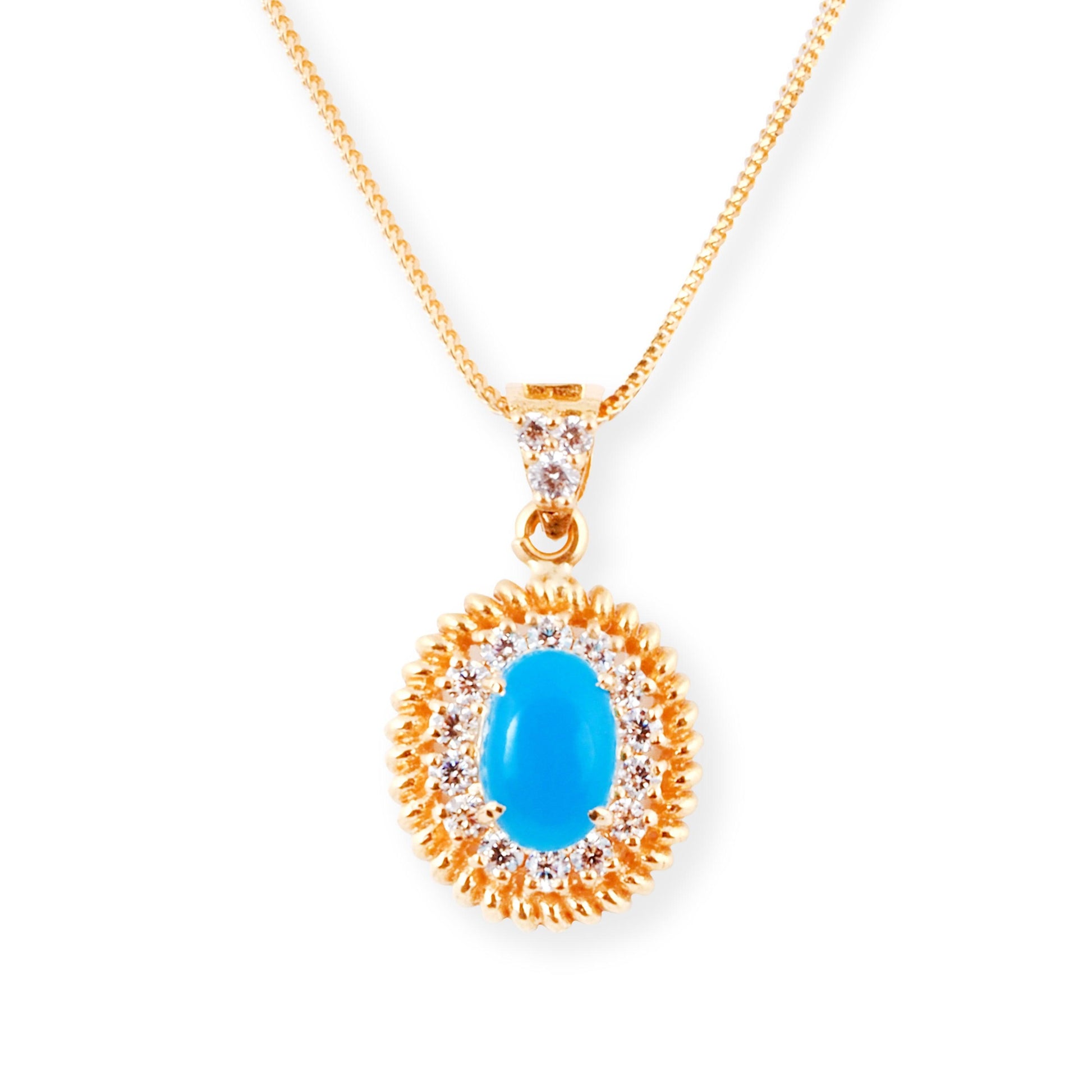 22ct Gold Pendant & Earrings Set with Turquoise Stone and Cubic Zirconia Halo