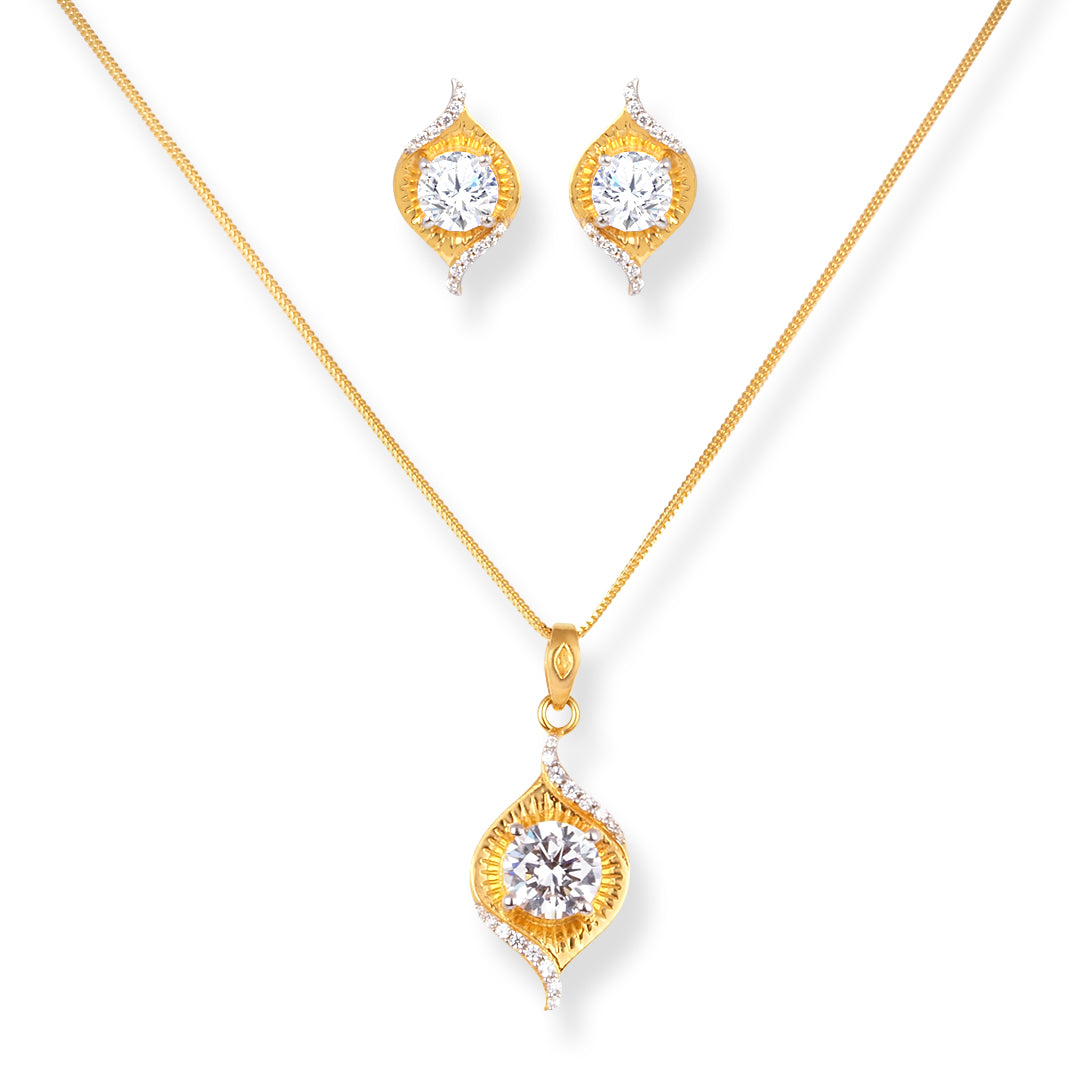 22ct Gold Pendant Suite with Cubic Zirconia Stones – Necklace & Earrings Set