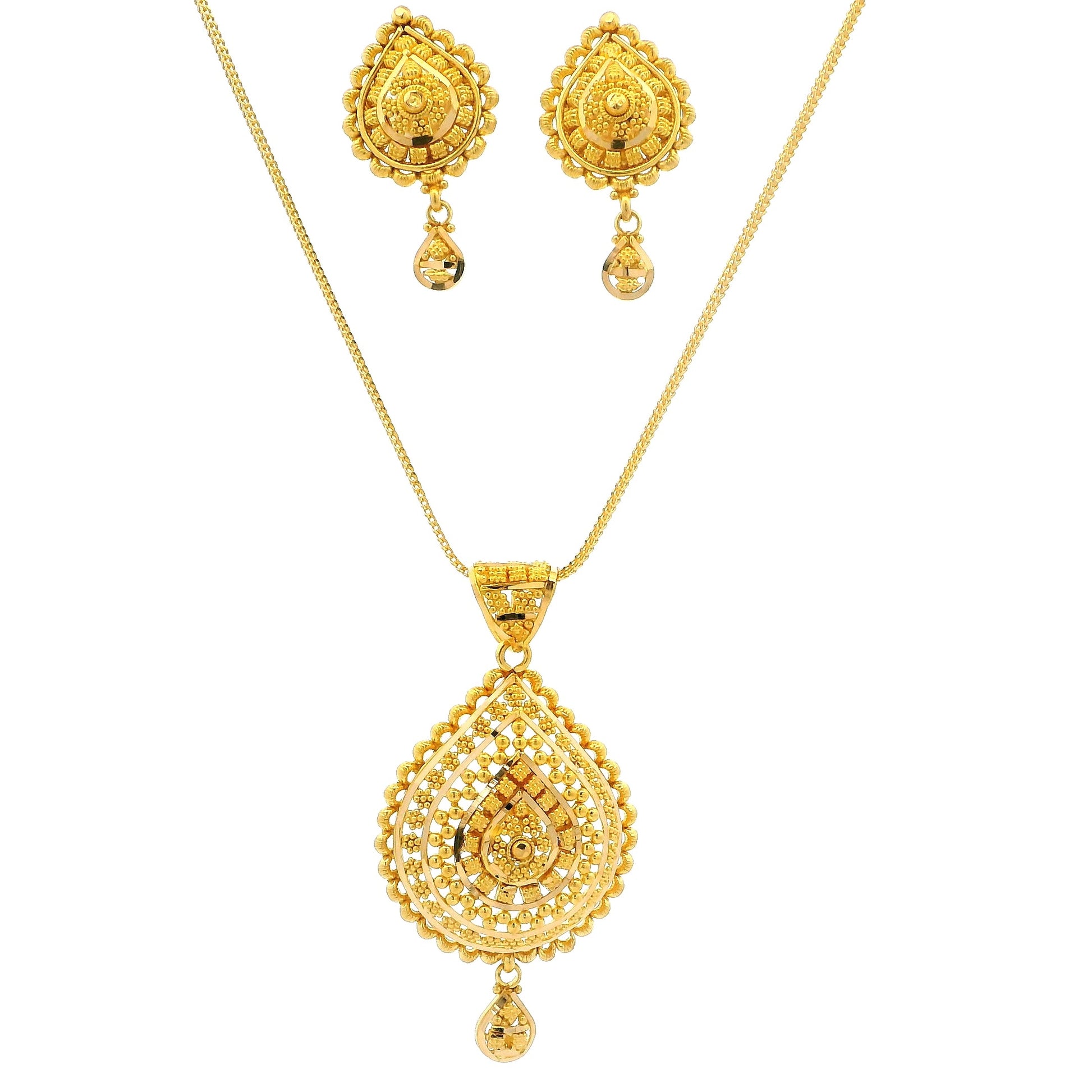 22ct Gold Teardrop Pendant & Earrings Set – Traditional Filigree Design Jewellery