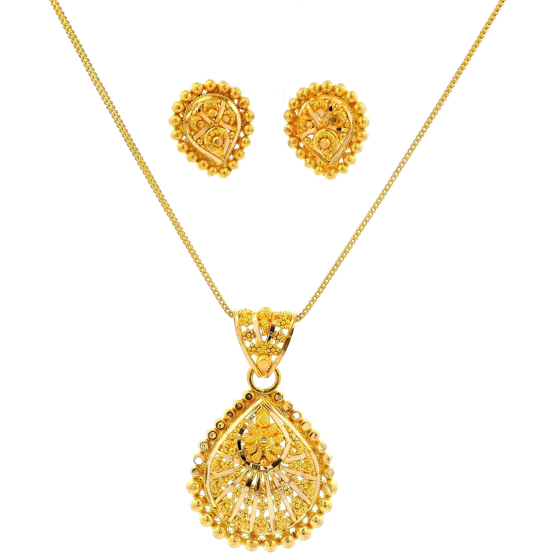 22ct Gold Teardrop Pendant & Earrings Set with Floral Filigree Design