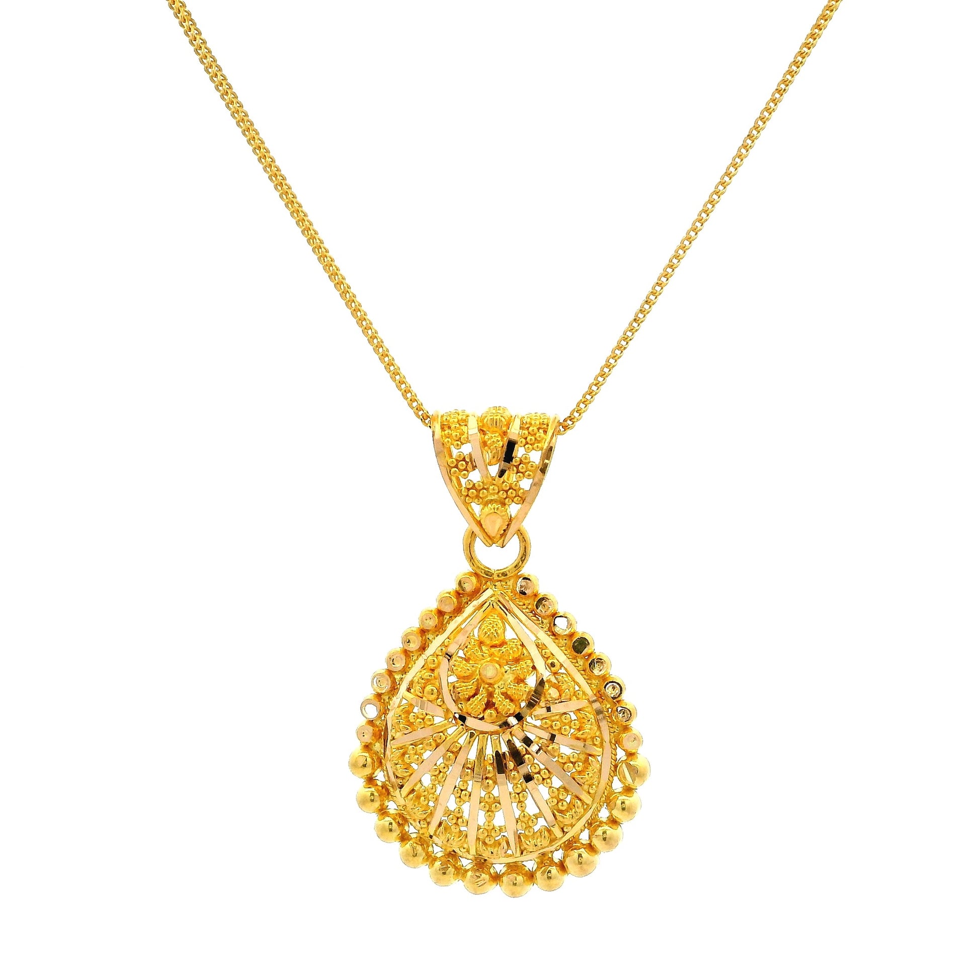 22ct Gold Teardrop Pendant & Earrings Set with Floral Filigree Design