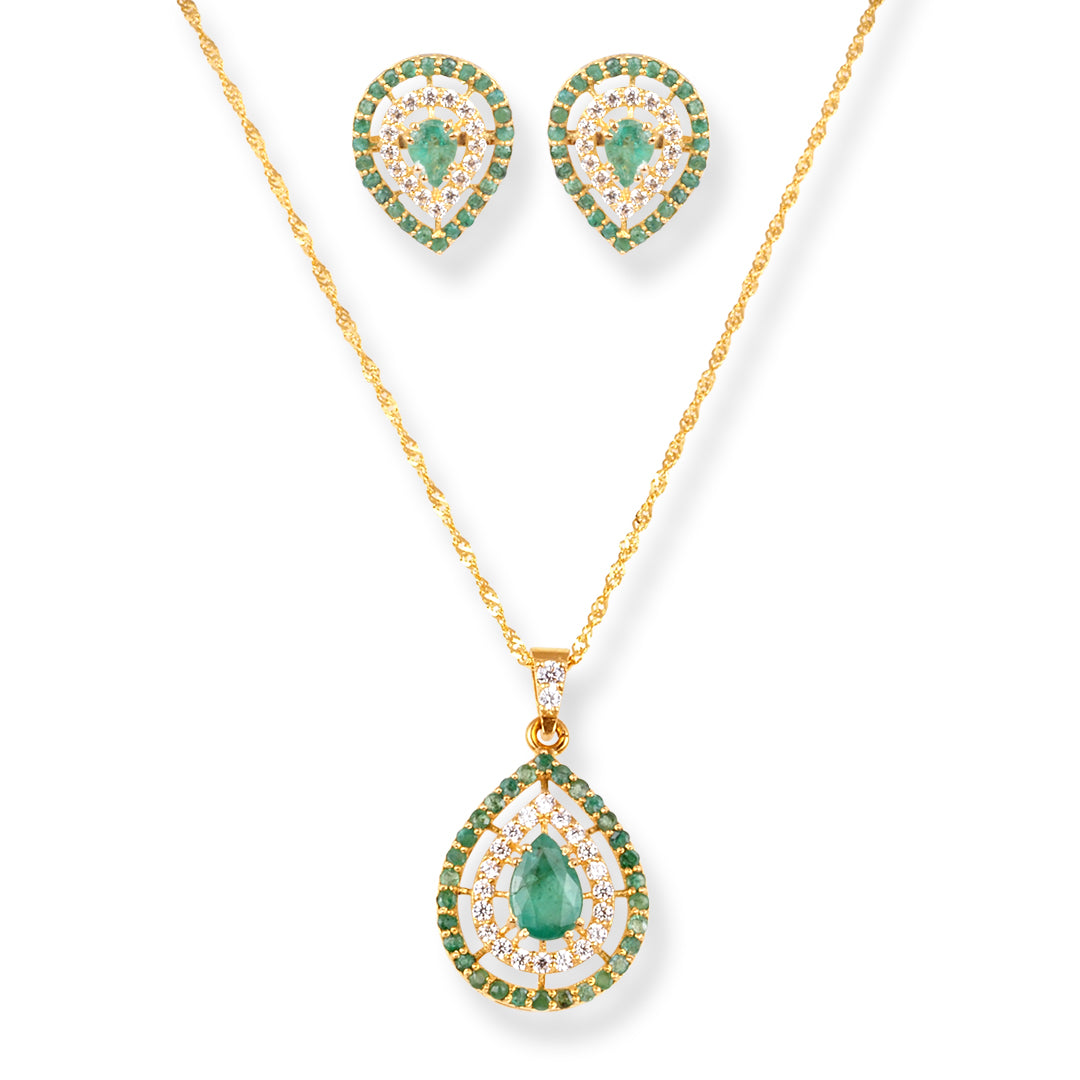 22ct Gold Teardrop Pendant & Earrings Set with Green and White Cubic Zirconia