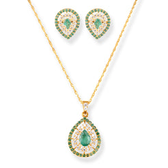 22ct Gold Teardrop Pendant & Earrings Set with Green and White Cubic Zirconia
