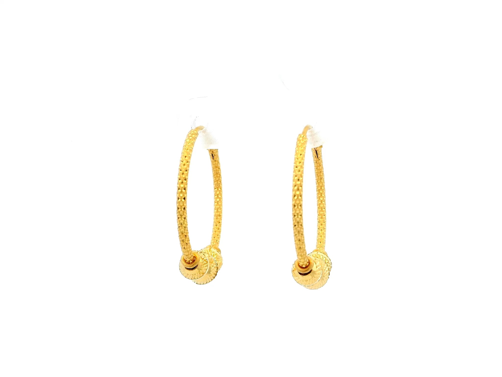 22ct Gold Textured Hoop Earrings with Polished Bead Detailing – Traditional Lightweight Design