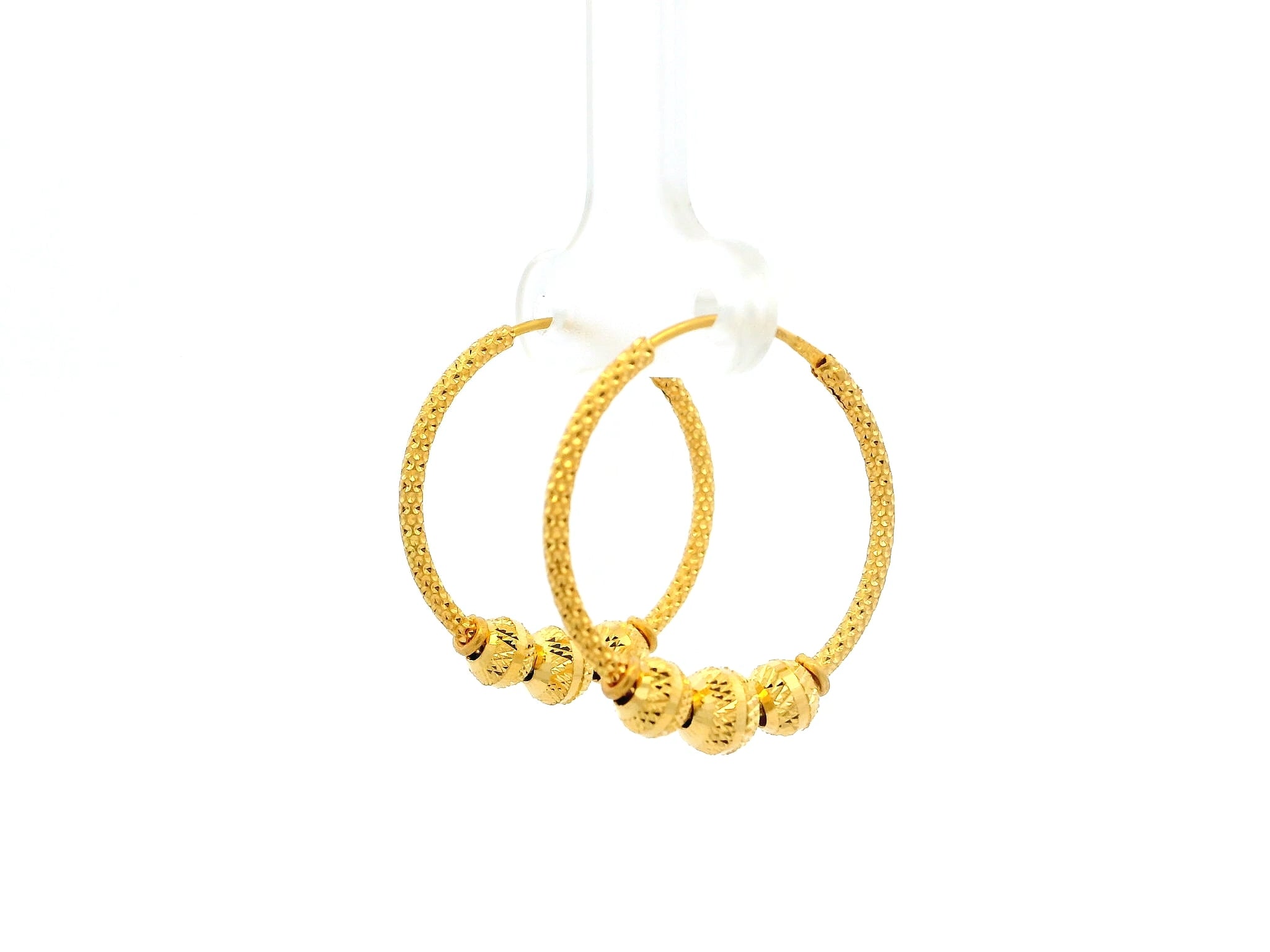 22ct Gold Textured Hoop Earrings with Polished Bead Detailing – Traditional Lightweight Design