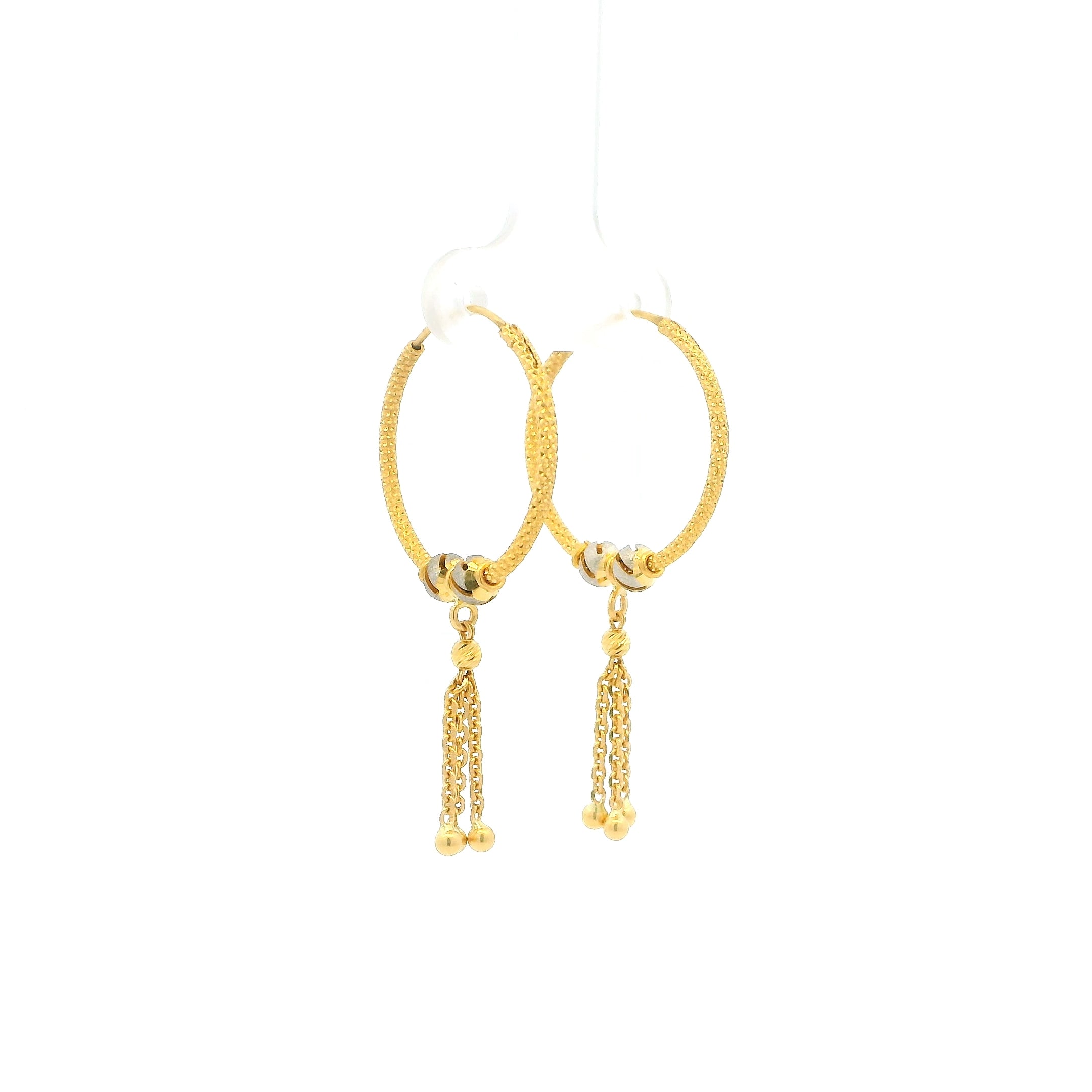 22ct Gold Textured Hoop Earrings with Tassel Drop – Elegant Traditional Design