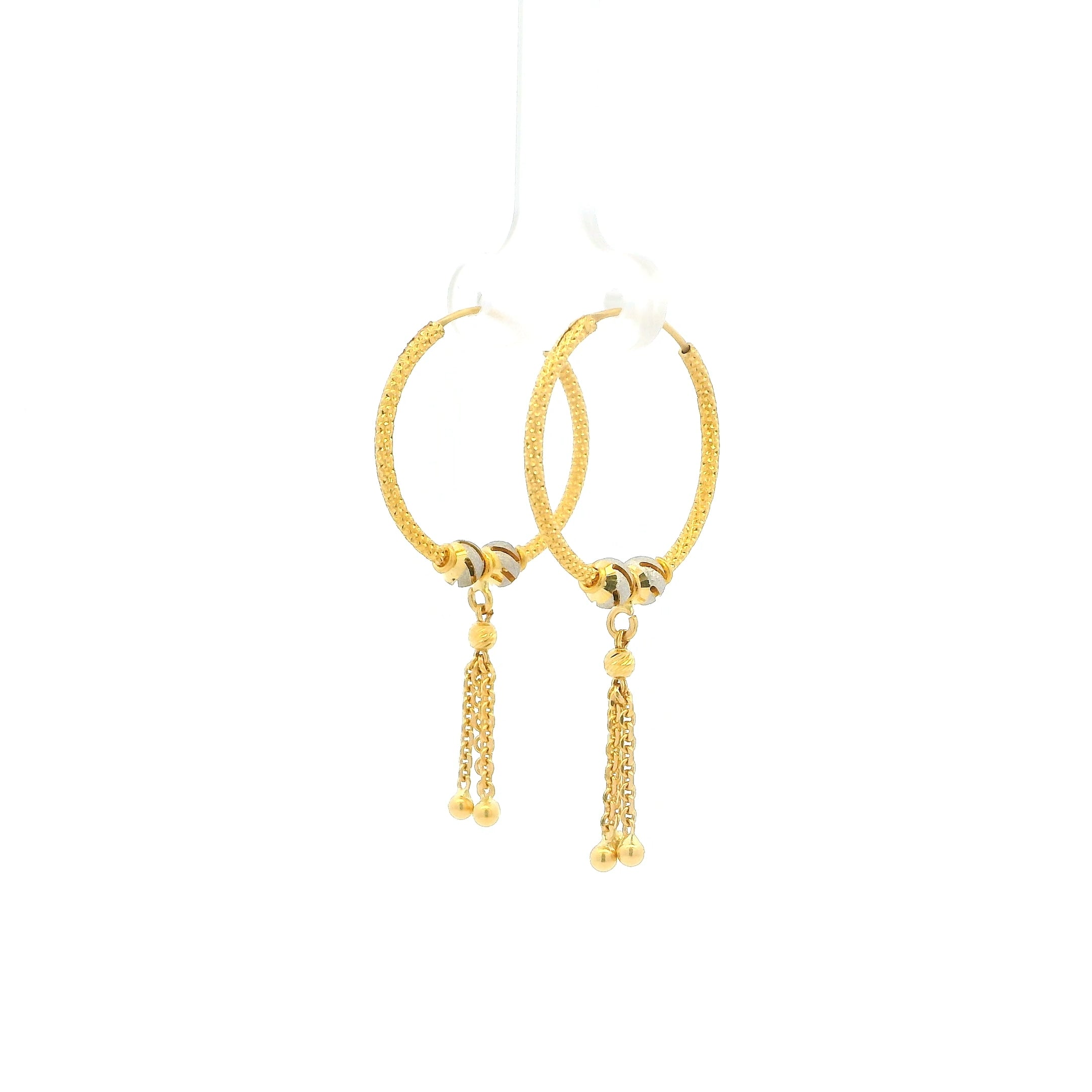 22ct Gold Textured Hoop Earrings with Tassel Drop – Elegant Traditional Design