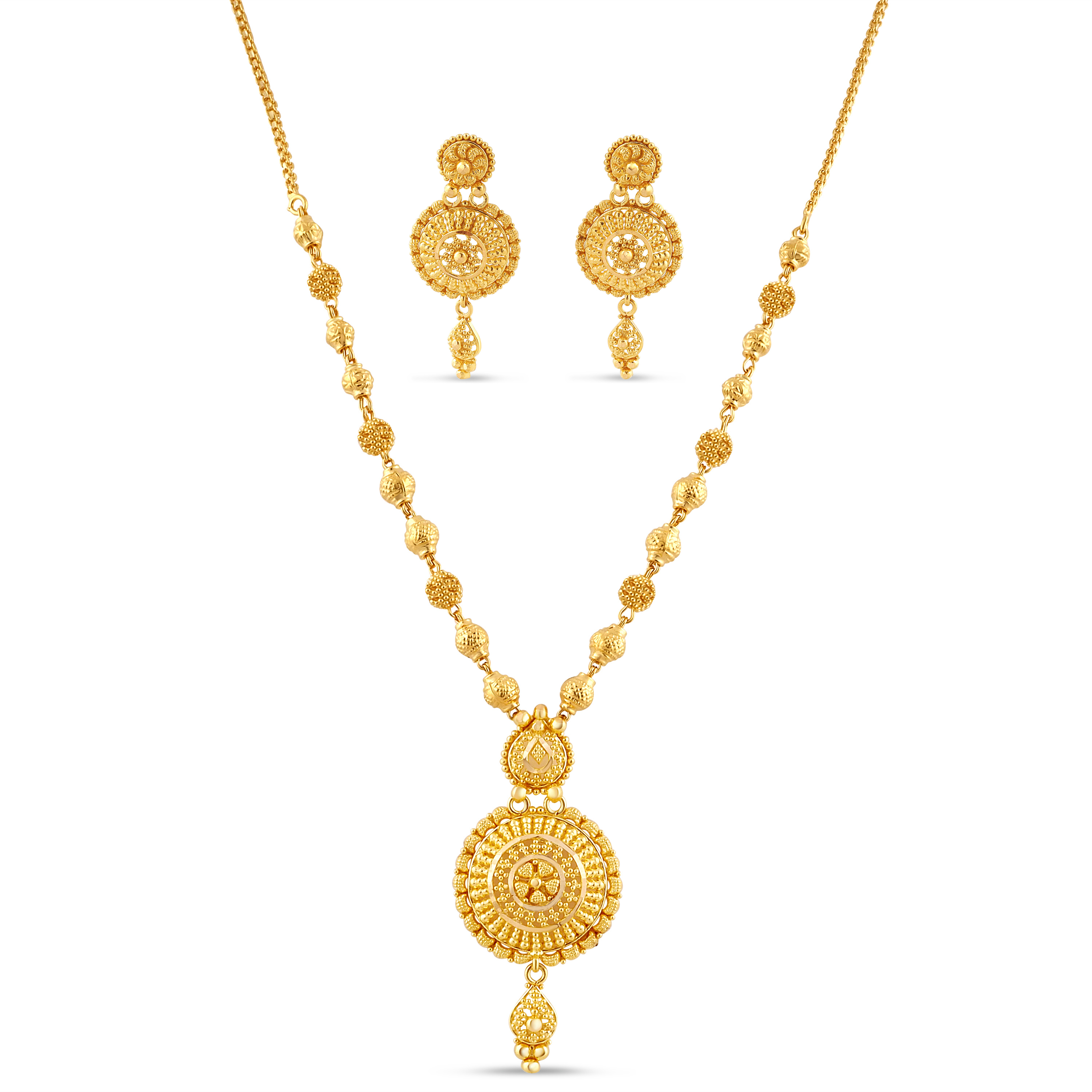 22ct Gold Traditional Filigree Pendant Necklace Set with Matching Earrings