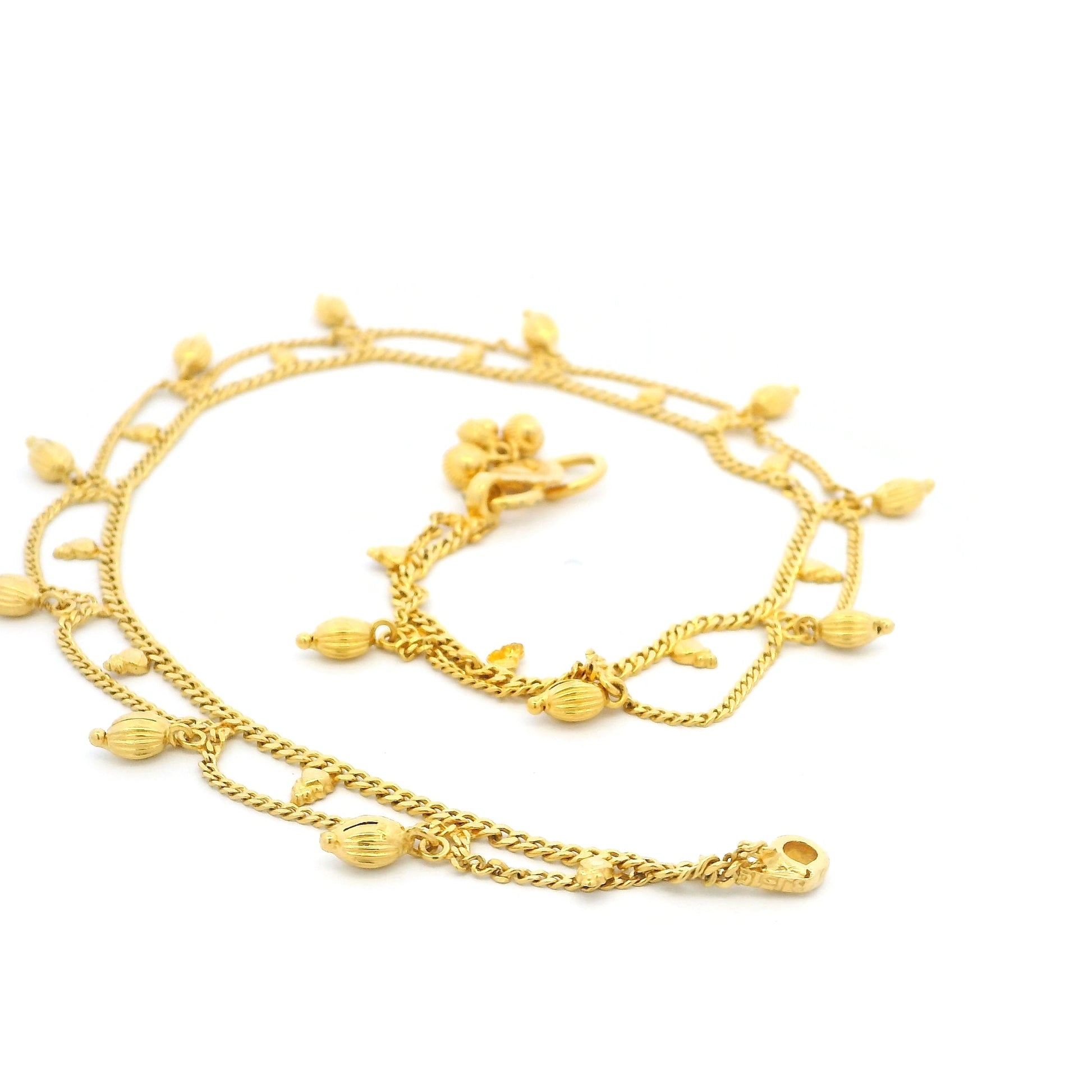 22ct Yellow Gold Anklet – Traditional Ghungroo Charm with Double Chain Detail