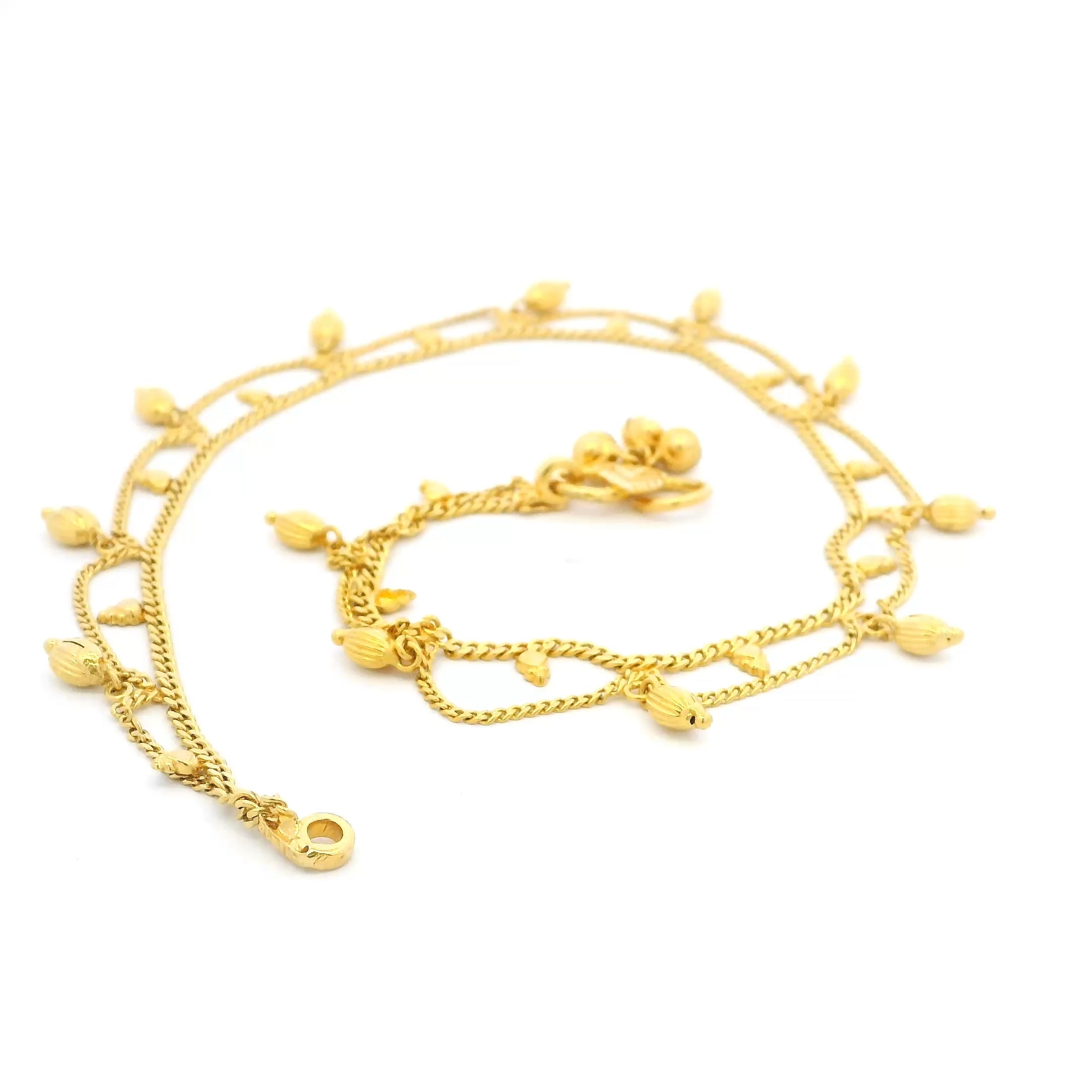 22ct Yellow Gold Anklet – Traditional Ghungroo Charm with Double Chain Detail
