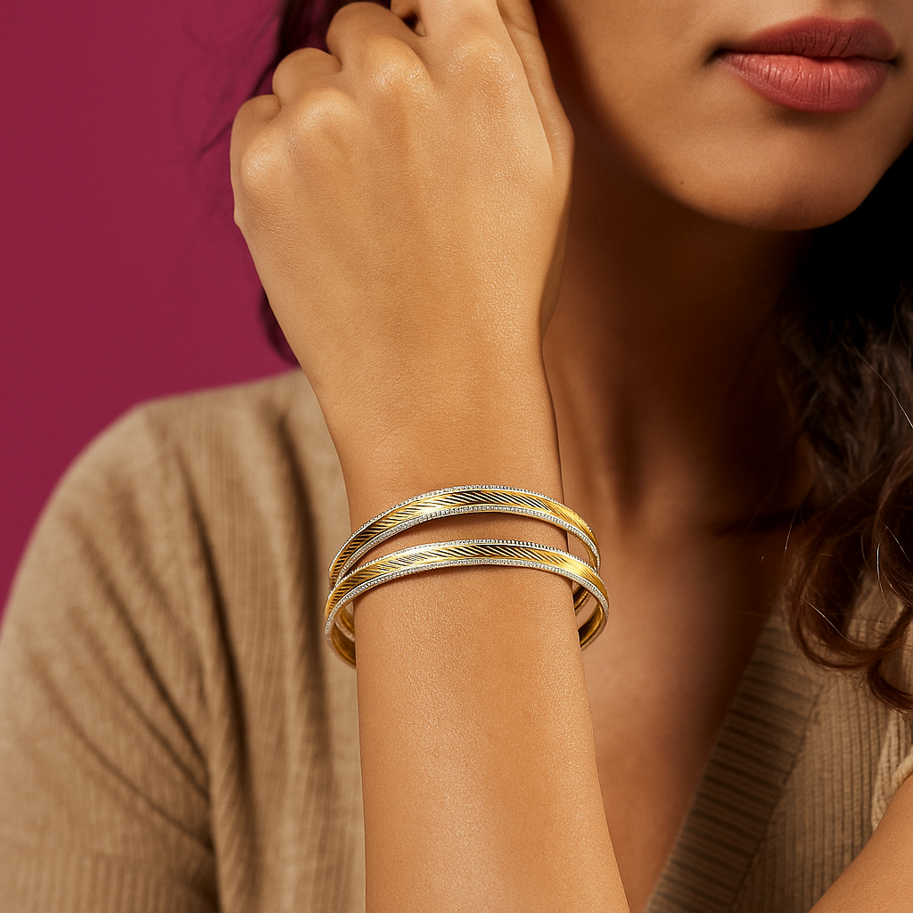 22ct Yellow Gold Bangles with Rhodium Beaded Detailing – Elegant Two-Tone Women’s Jewellery