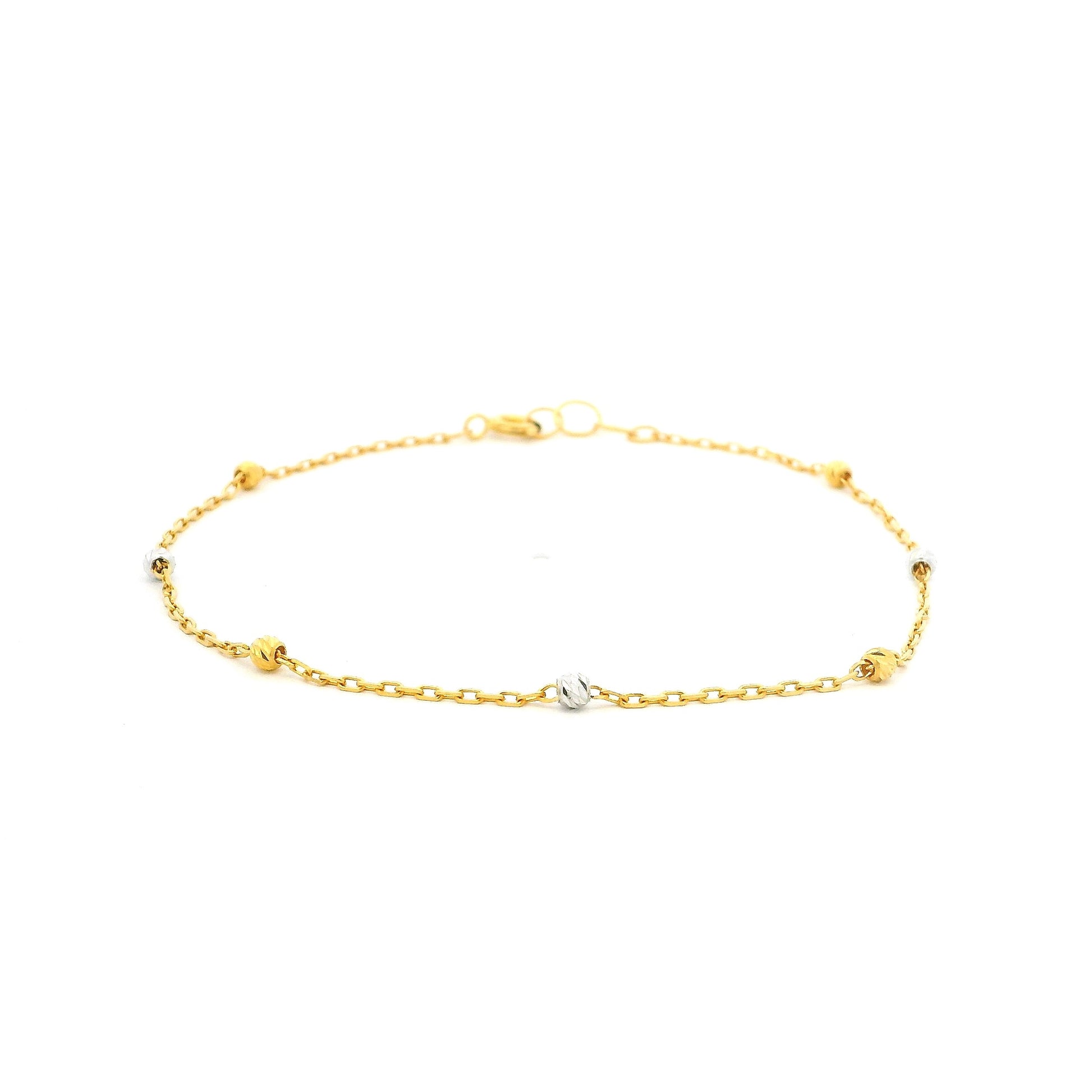 22ct Yellow Gold Bracelet – Fine Chain with Diamond Cut Rhodium Beads