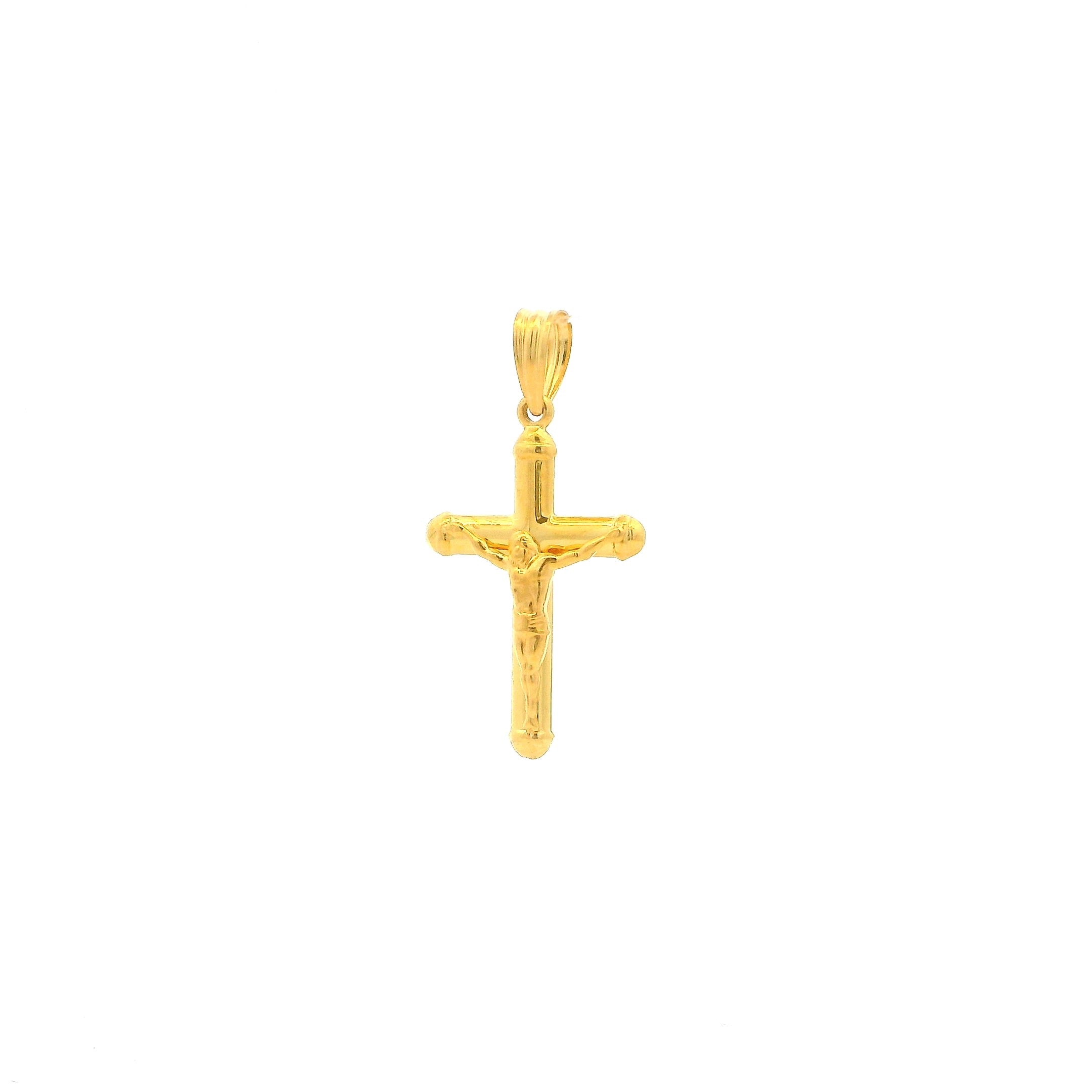 Gold cross pendant on a white background