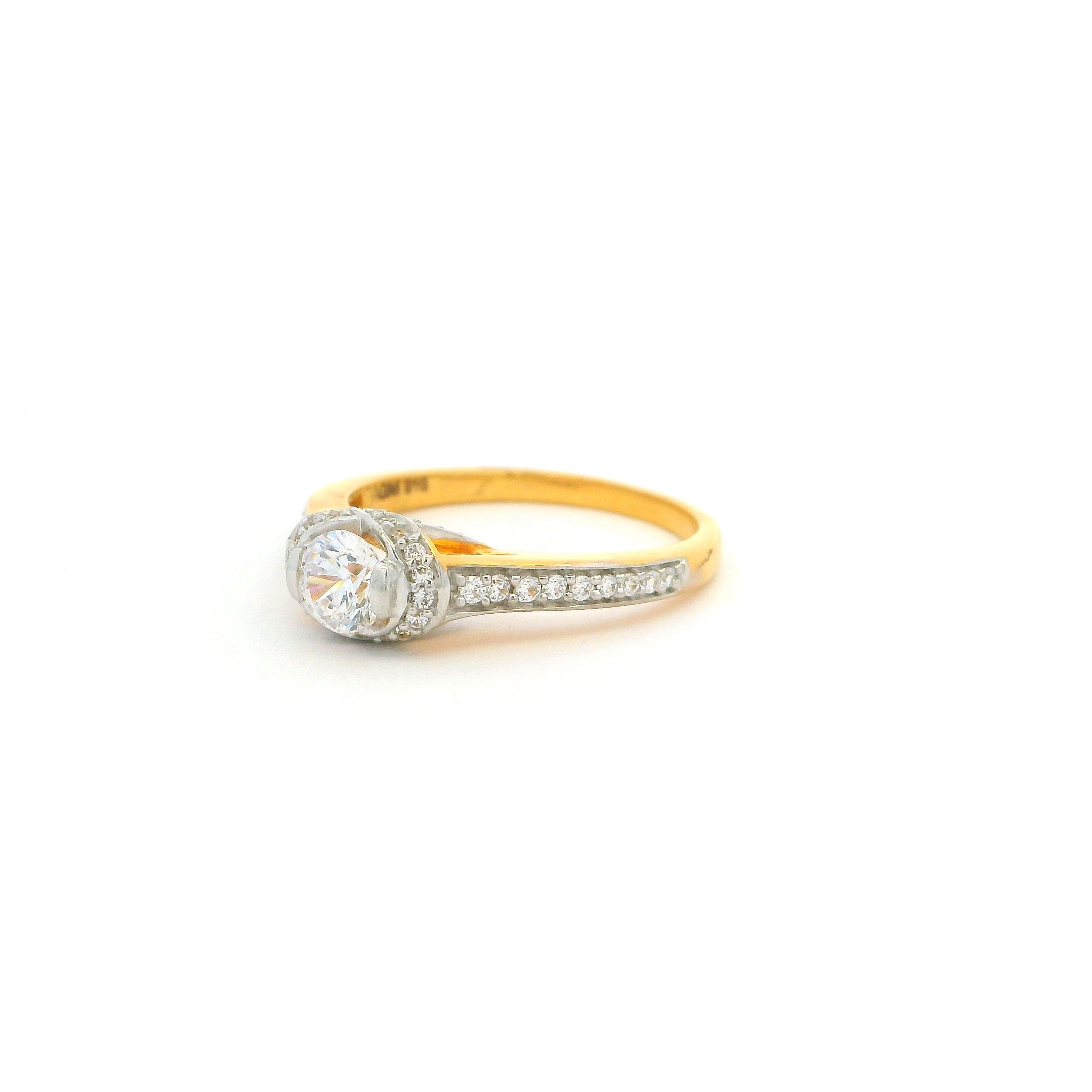 22ct Yellow Gold Cubic Zirconia Engagement Ring – Round Centre Stone with Halo and Cathedral Setting | Size O
