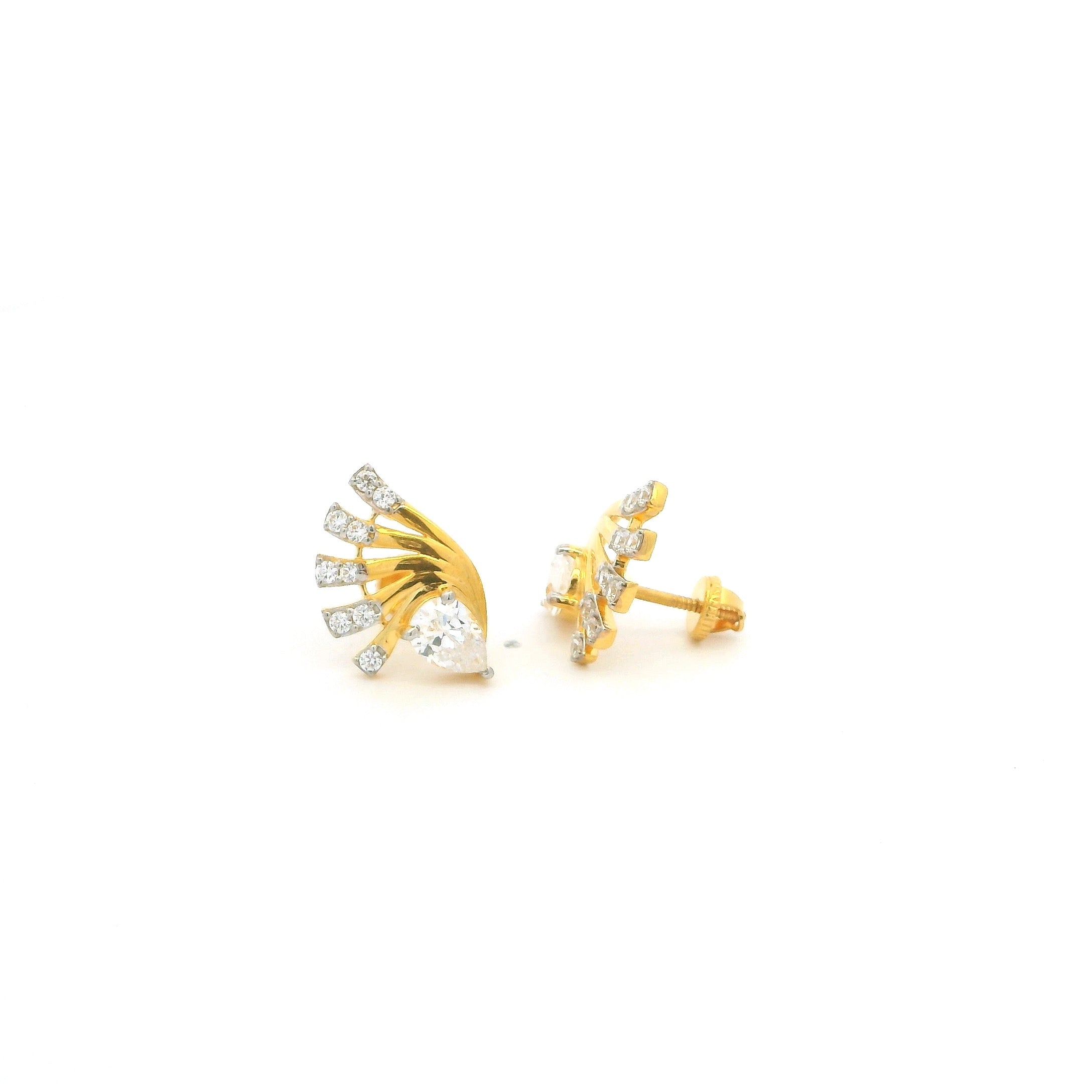 22ct Yellow Gold Cubic Zirconia Pear & Fan Design Stud Earrings – Elegant Statement Jewellery