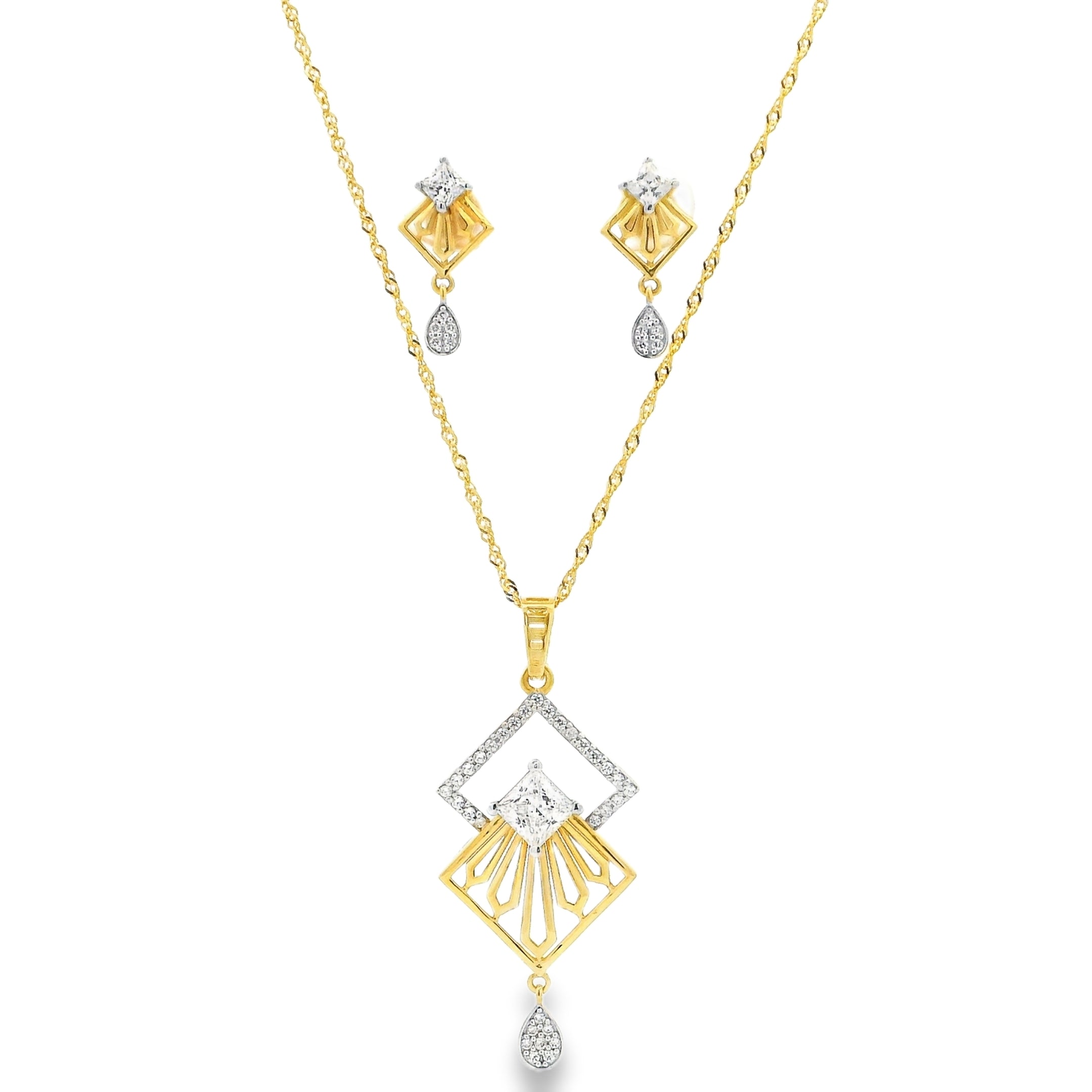 22ct Yellow Gold Cubic Zirconia Pendant and Earring Set – Geometric Drop Design Elegant Jewellery Set