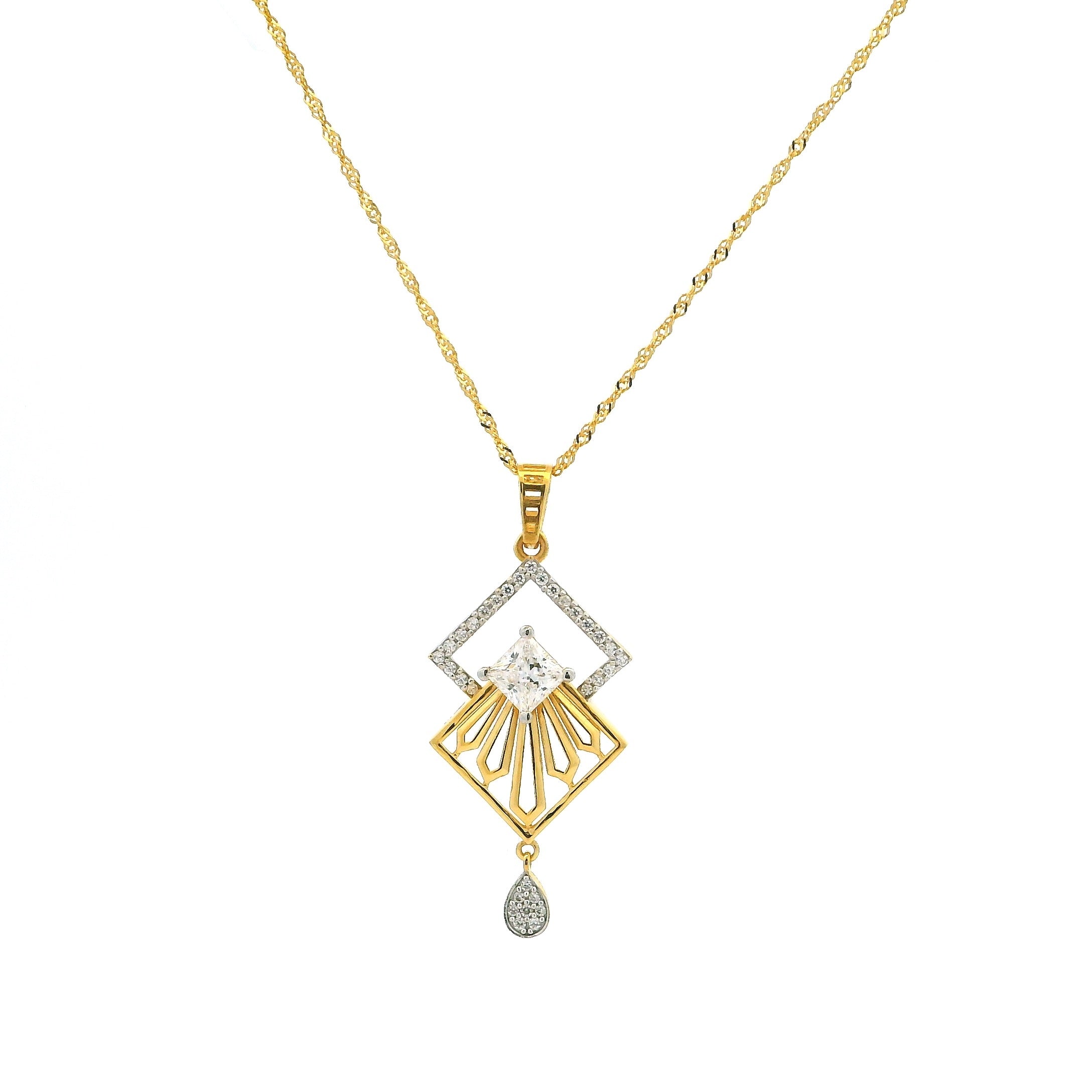 22ct Yellow Gold Cubic Zirconia Pendant and Earring Set – Geometric Drop Design Elegant Jewellery Set