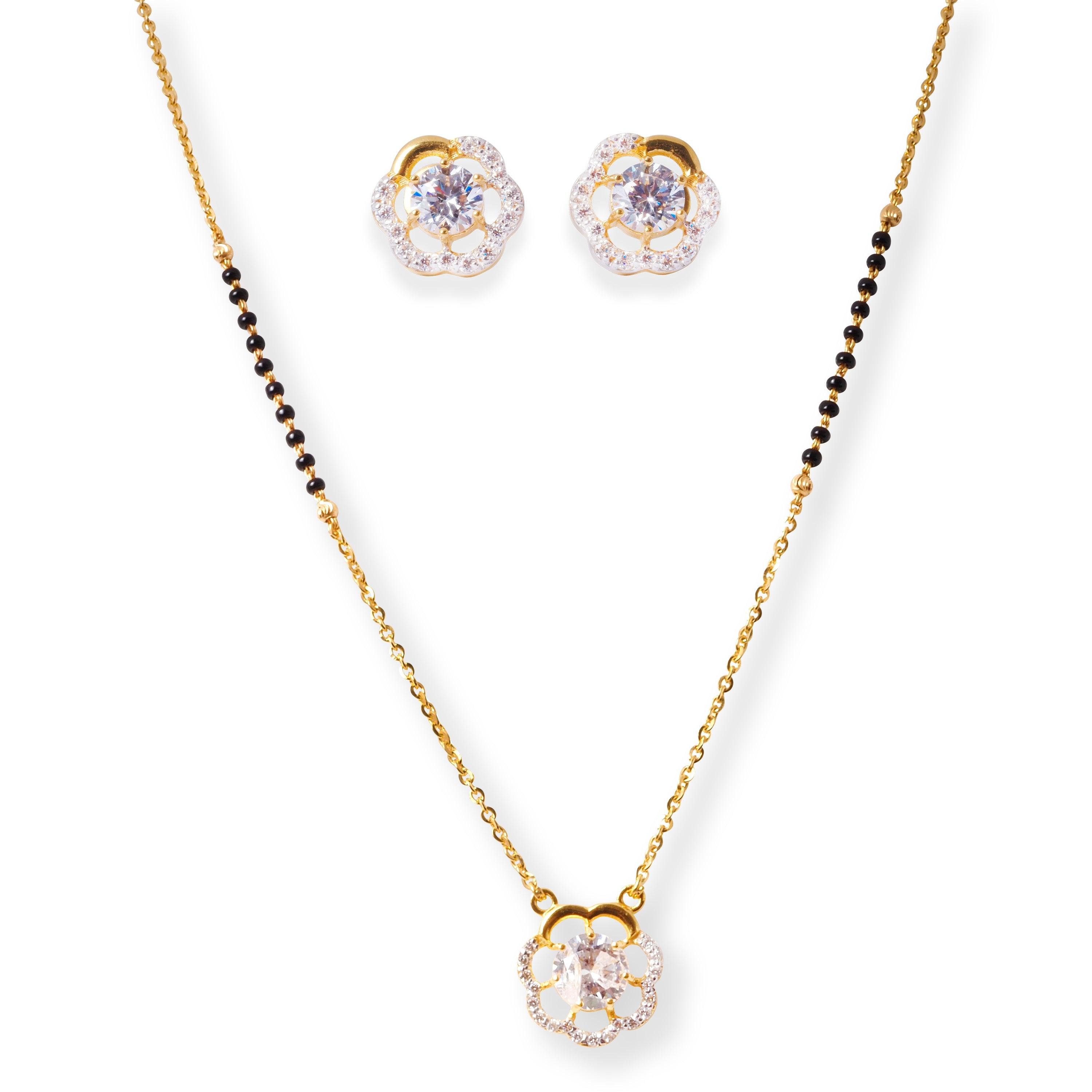 22ct Yellow Gold Floral Mangalsutra Set with Cubic Zirconia Pendant and Matching Earrings
